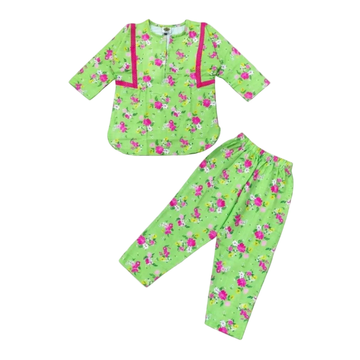 Green & Pink Floral Cotton Printed Shirt & Trouser - Green