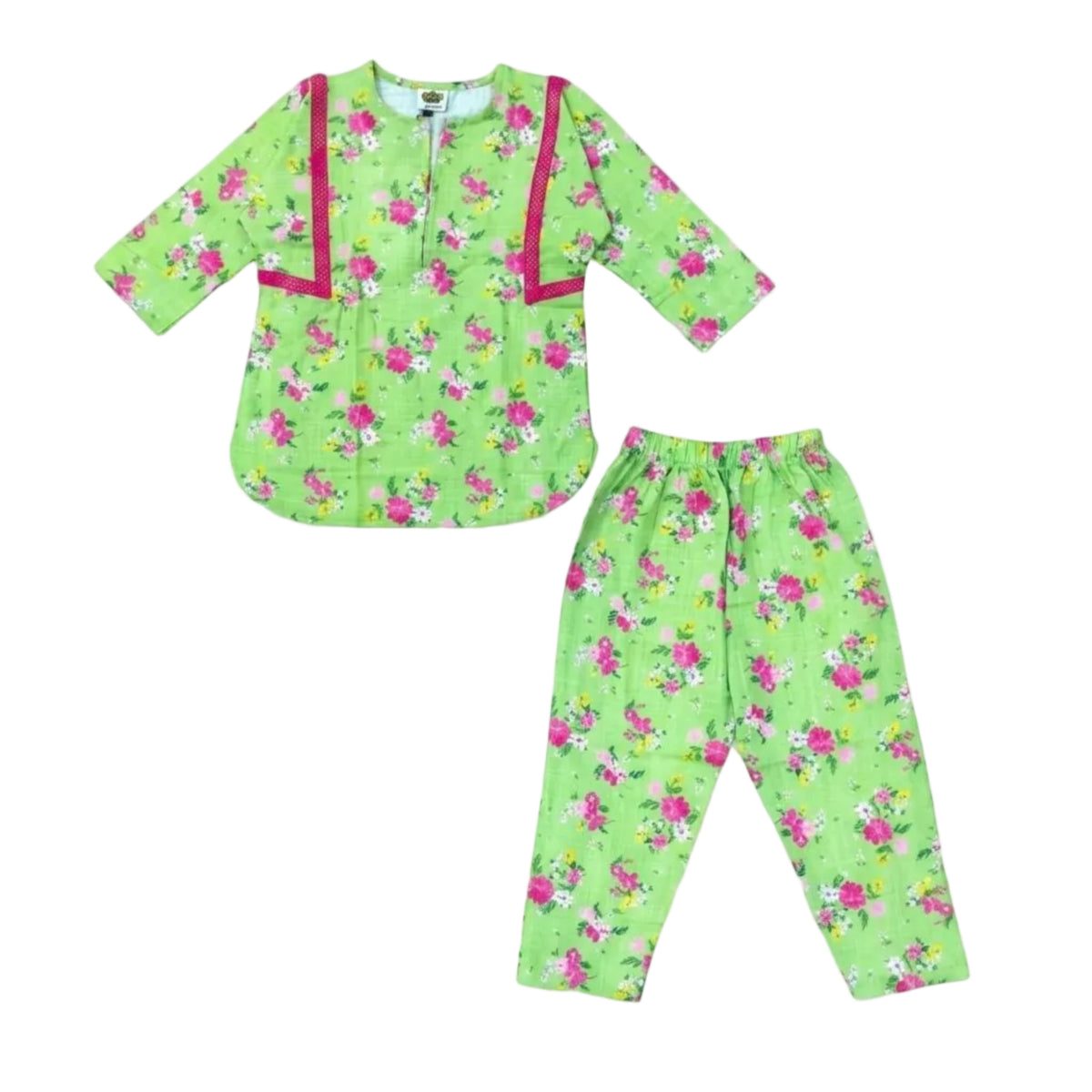 Green & Pink Floral Cotton Printed Shirt & Trouser - Green