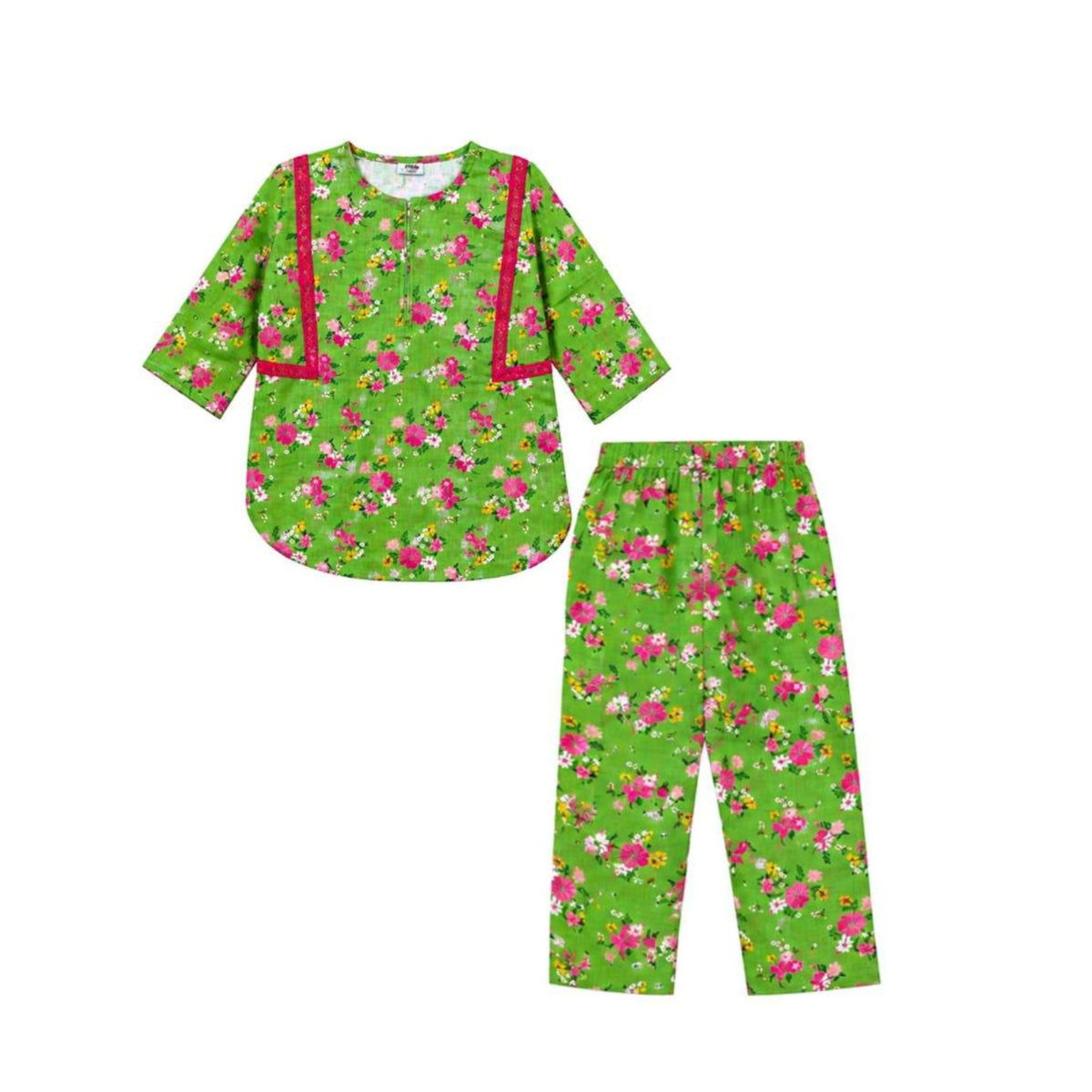 Green & Pink Floral Cotton Printed Shirt & Trouser - Green