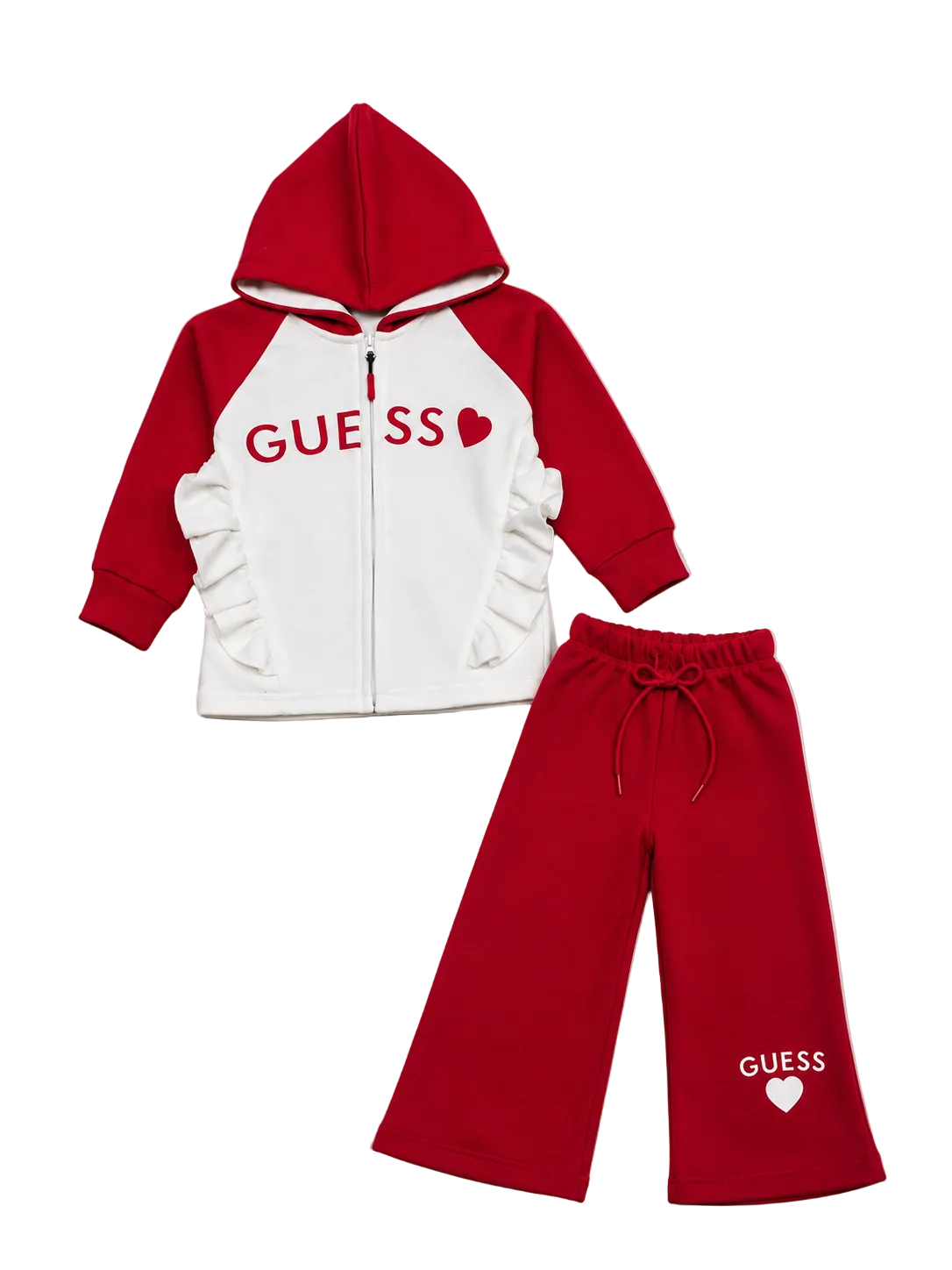 Guess Heart Frill Penal Zipper Hoodie Fleece Tracksuit - Red & White-1