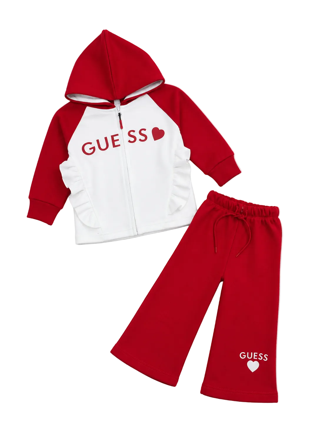 Guess Heart Frill Penal Zipper Hoodie Fleece Tracksuit - Red & White