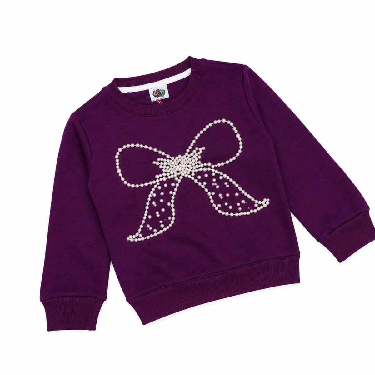 Hand Made Bow Pearls Fleece Sweat Shirt -  Maganta