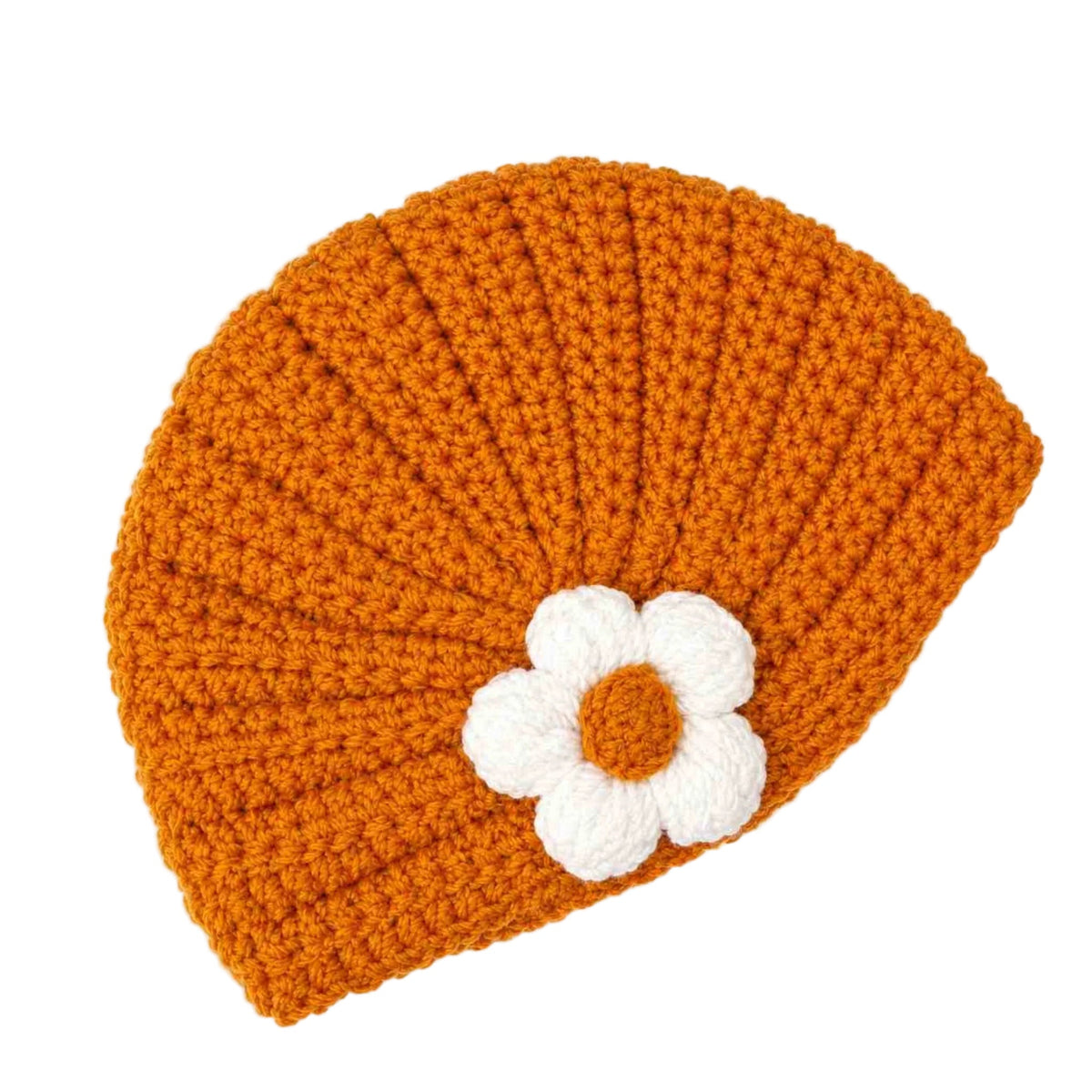 Hand Made White Sun Flower wool Cap - Mustered  