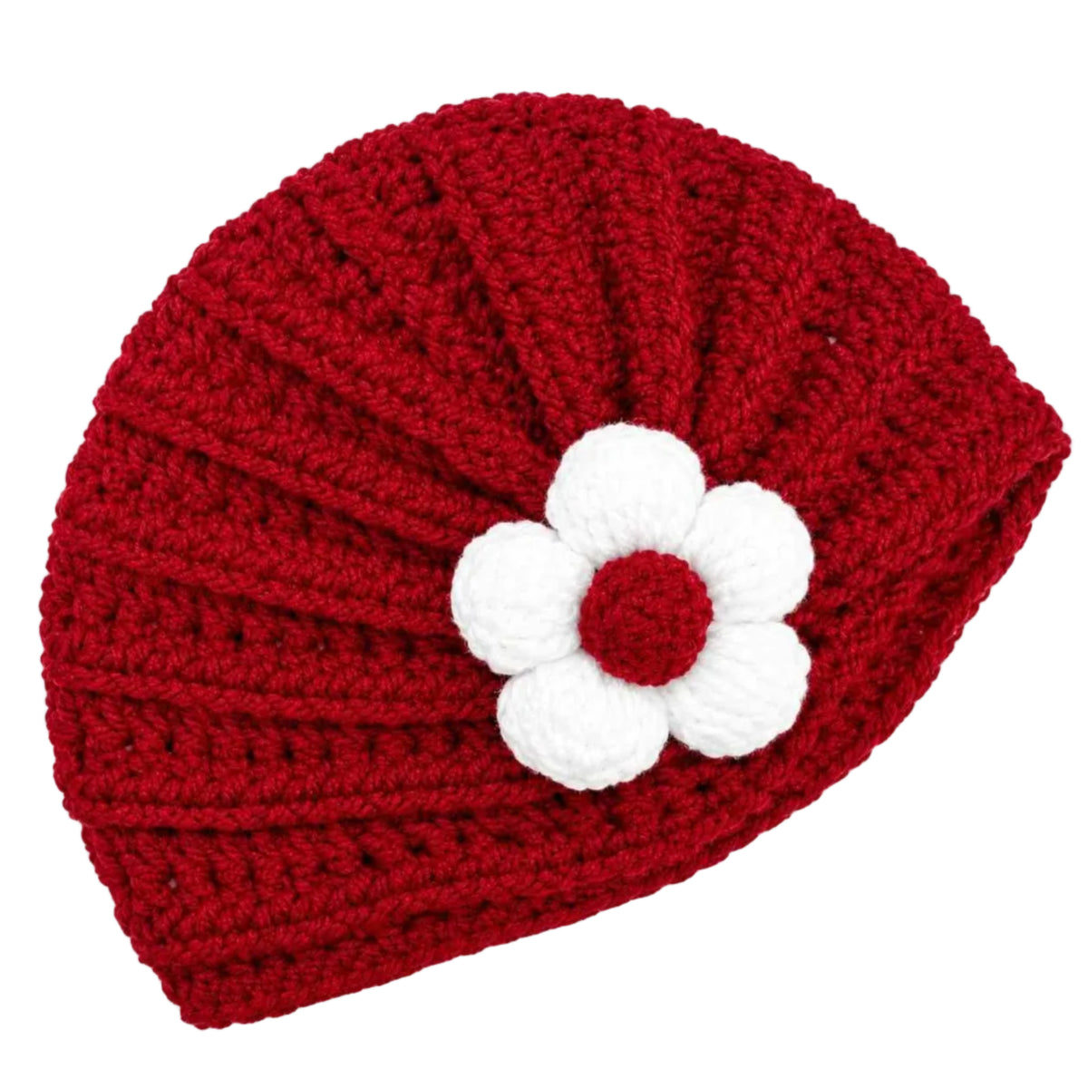 Handmade Burgundy Knitted Baby Cap with White Flower-RubyPetal Beanie.