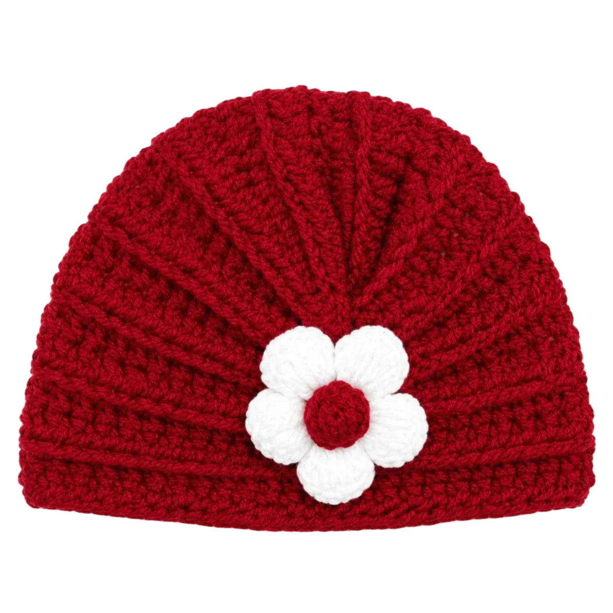 Handmade Burgundy Knitted Baby Cap with White Flower-RubyPetal Beanie