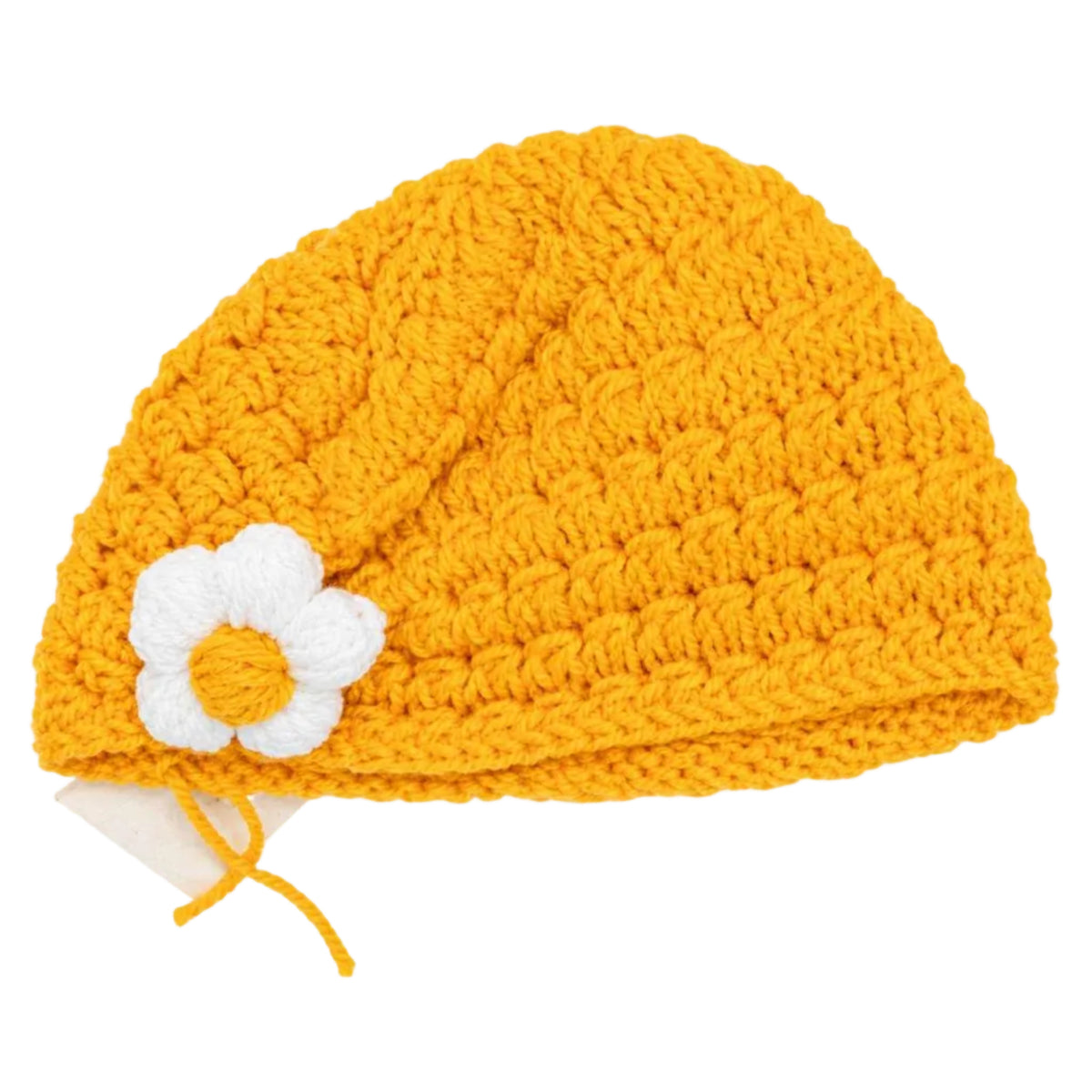 Handmade Crochet Baby Bonnet with Daisy Flower-Mustard