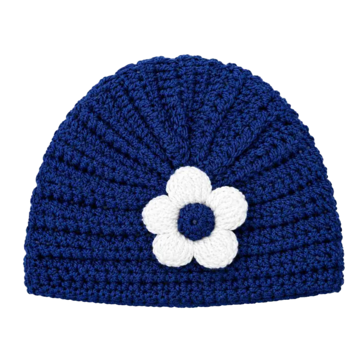 Handmade  Crochet Baby Cap with White Flower-Navy Blue.