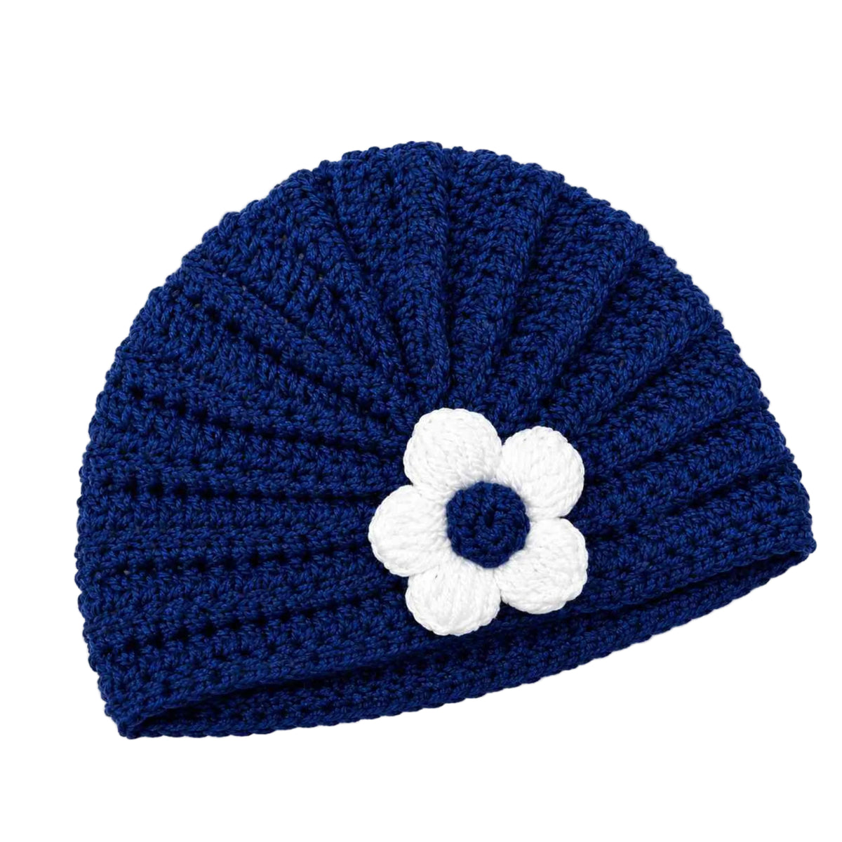 Handmade  Crochet Baby Cap with White Flower-Navy Blue