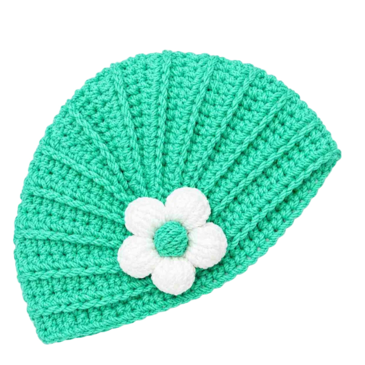 Handmade Knitted Baby Cap with white Flower-mint-green.