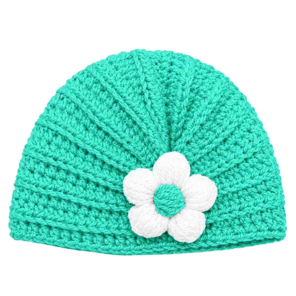 Handmade Knitted Baby Cap with white Flower-mint-green