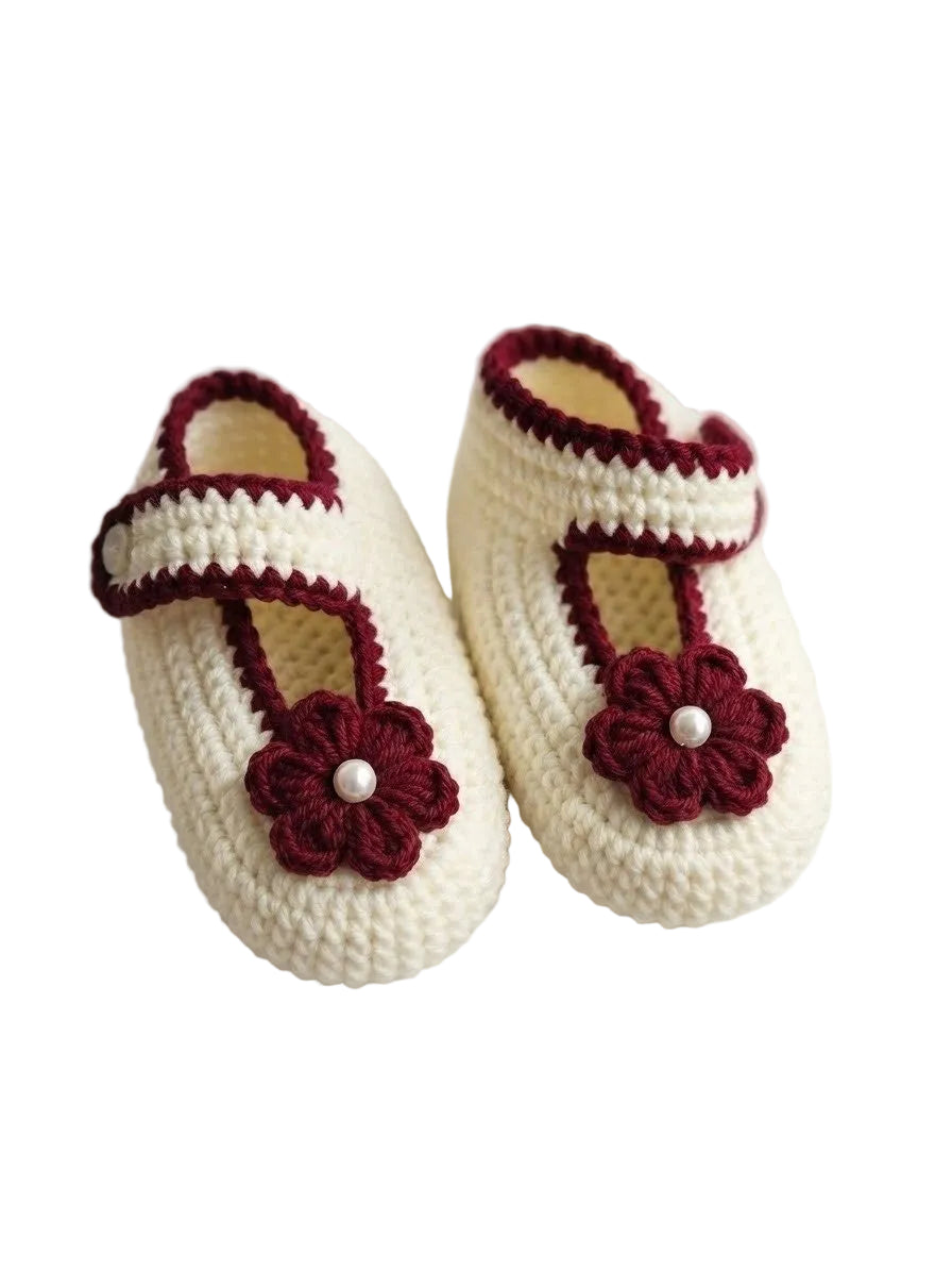Handmade Maroon Floral Booties - White