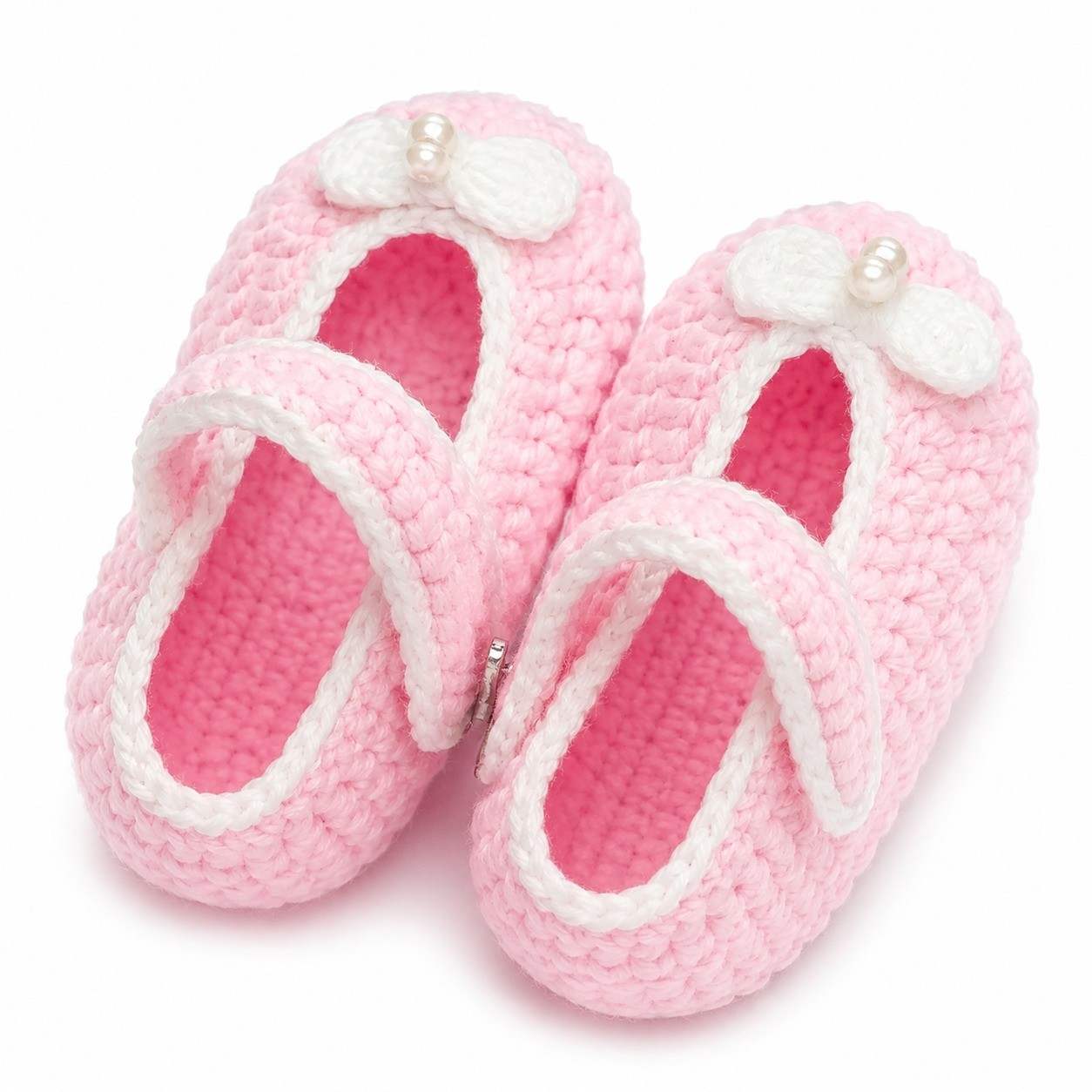 Handmade Pearls Bow Baby Booties - Baby Pink