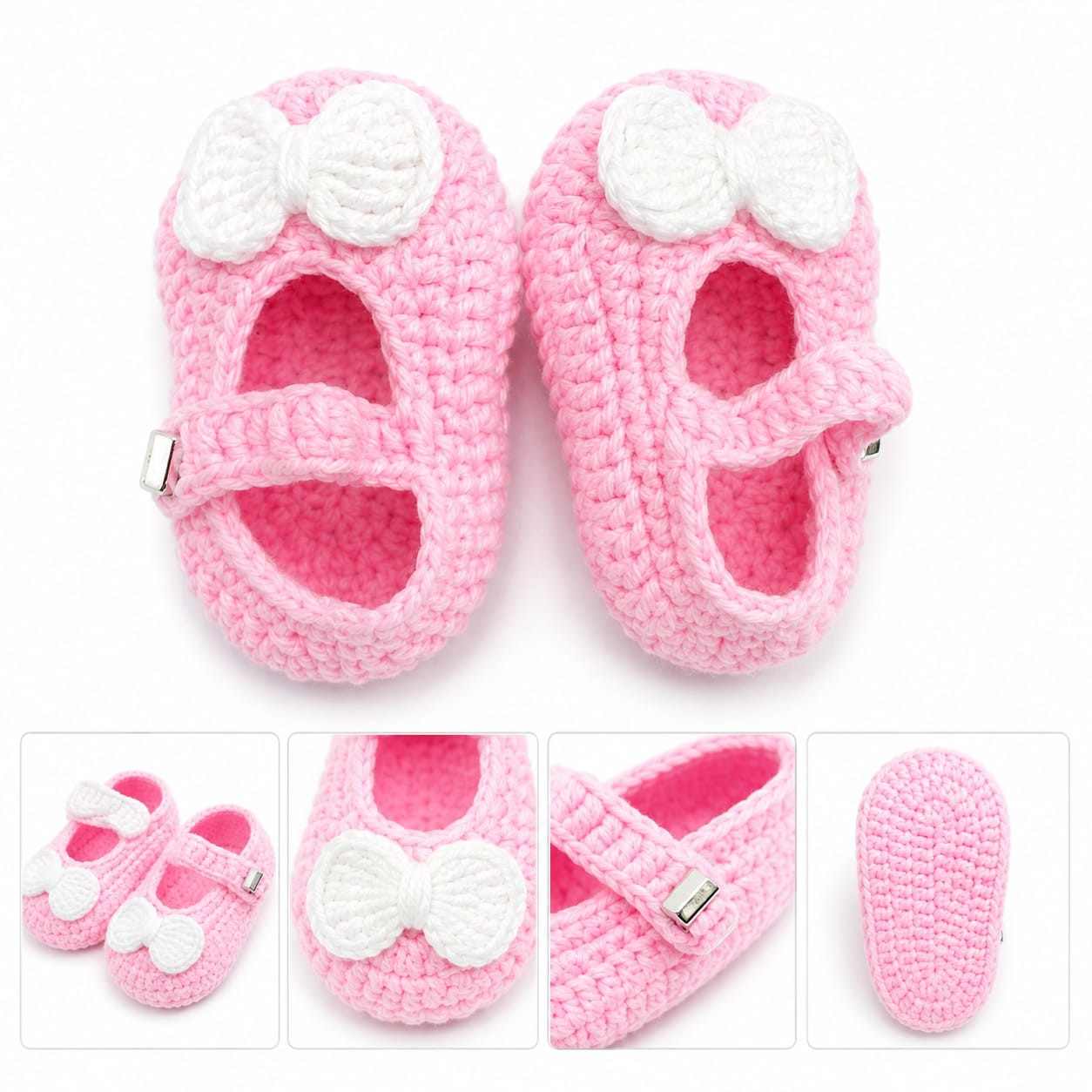 Handmade white Bow Baby Booties - Pink