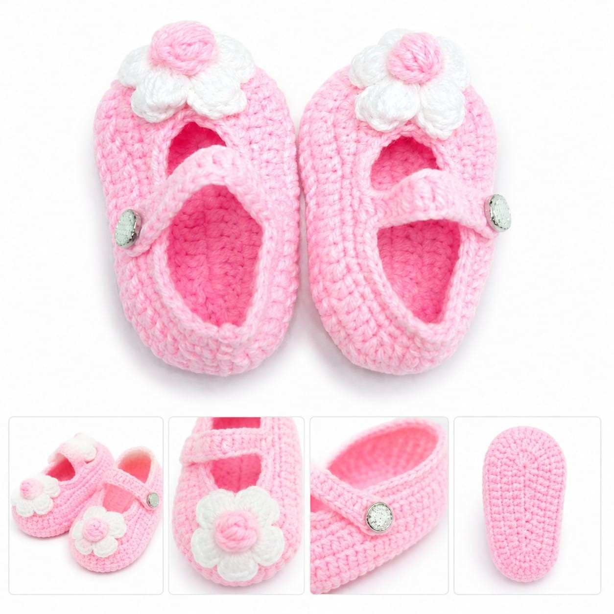 Handmade white Sunflower Baby Booties - Pink