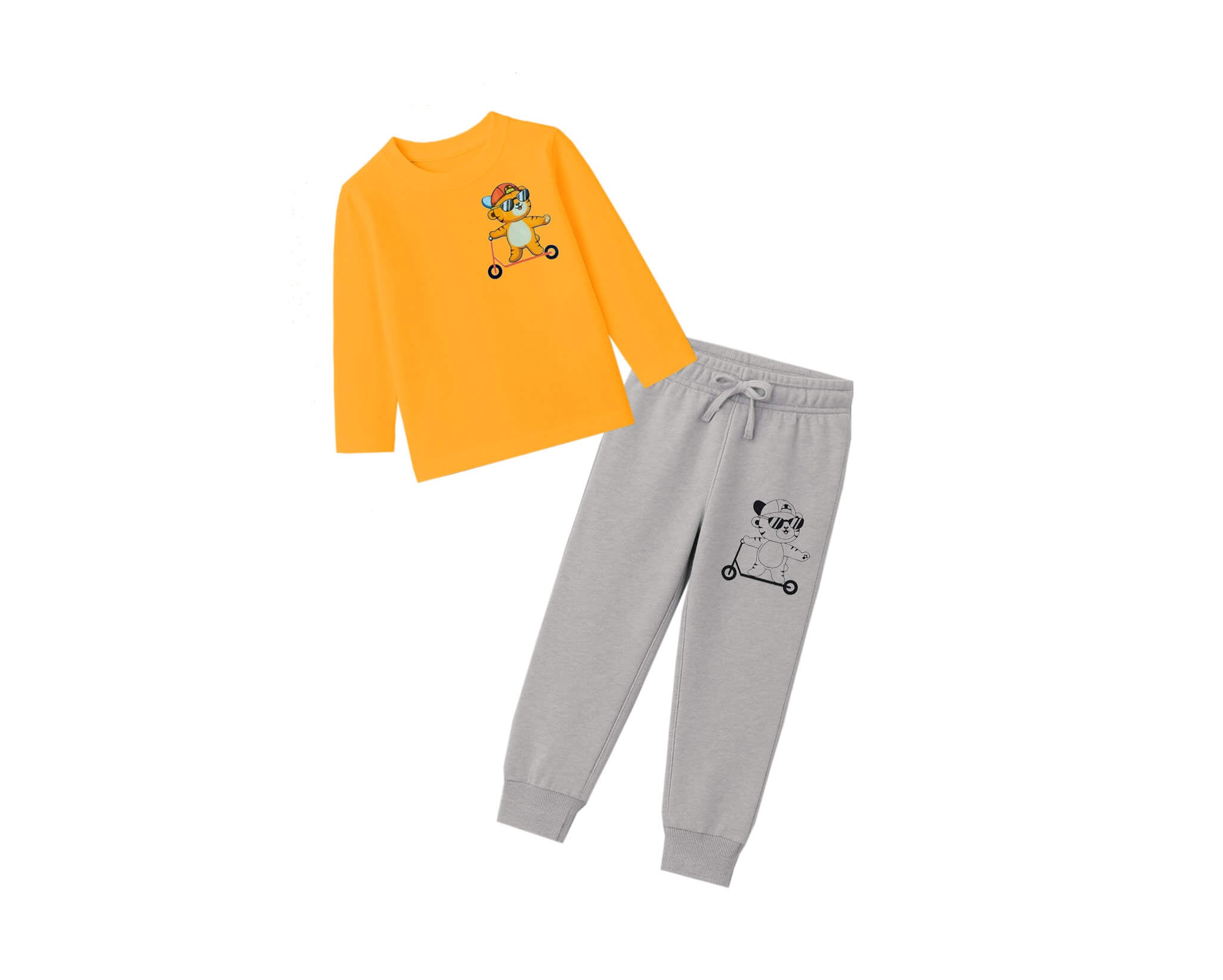 Handsome Bear Cotton Jercey Full Sleeves Tee & Trouser -Mustard & Heather Grey
