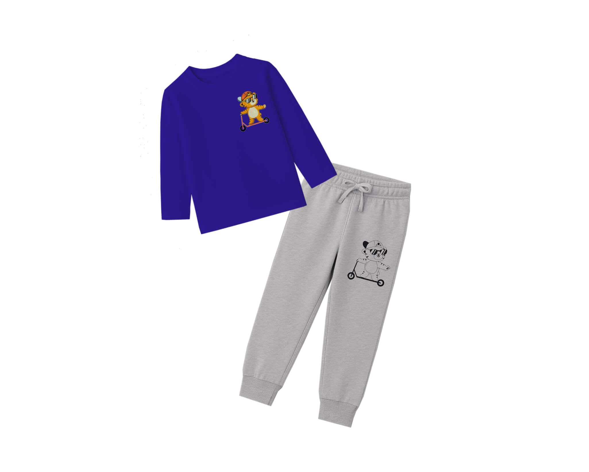 Handsome Bear Cotton Jercey Full Sleeves Tee & Trouser -Royal Blue & Heather Grey