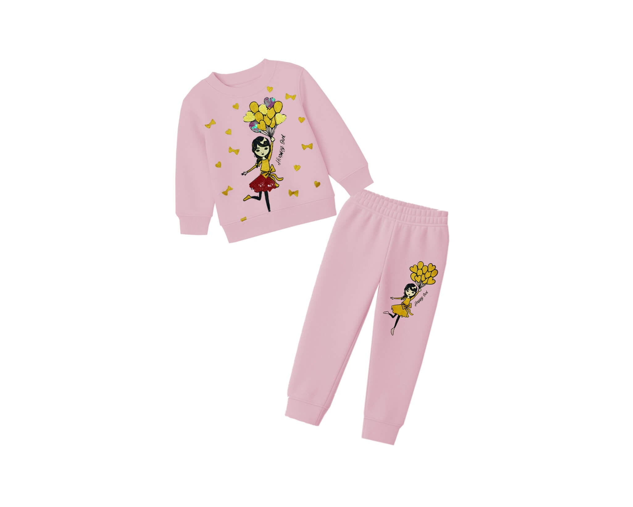 Happy Girl with Ballons Fleece Tracksuit -Peach