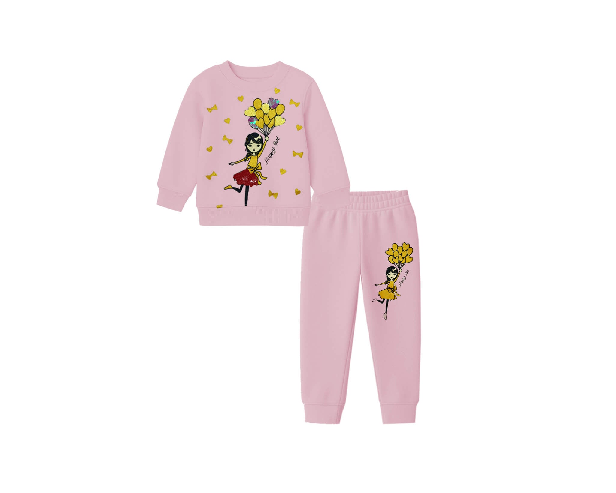 Happy Girl with Ballons Fleece Tracksuit -Peach