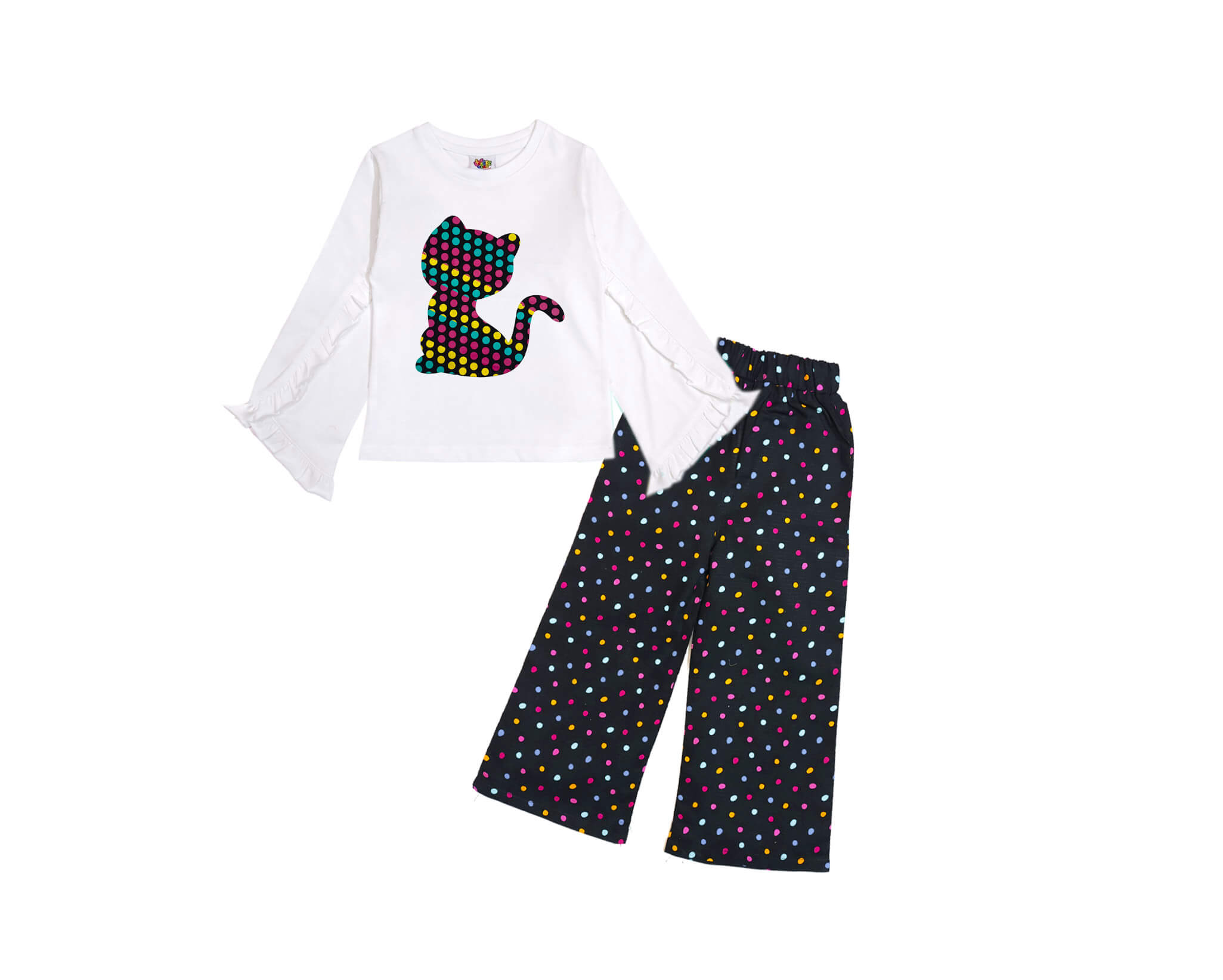 Happy Kitty Polka Palazzo Set - White &amp; Black