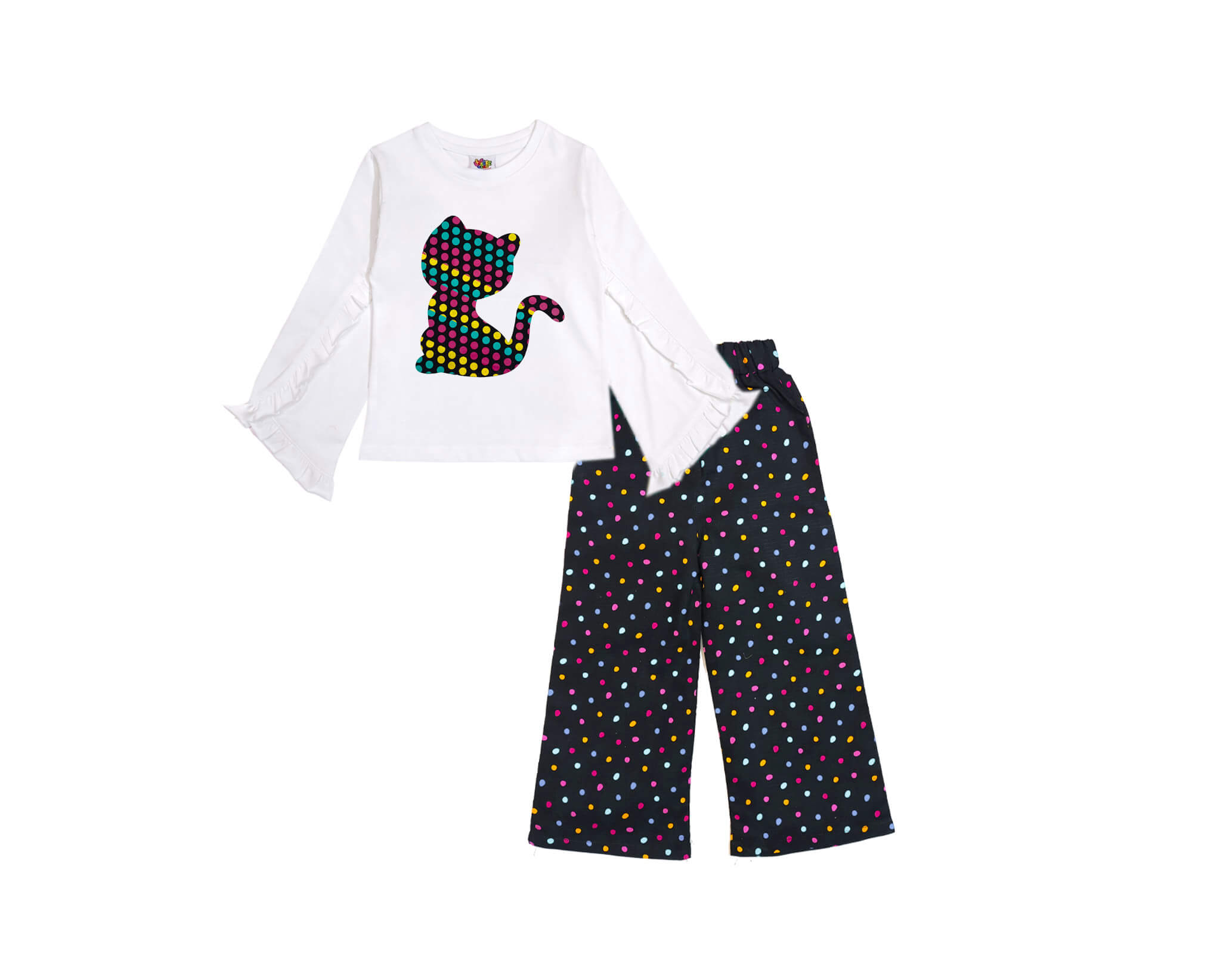 Happy Kitty Polka Palazzo Set - White &amp; Black