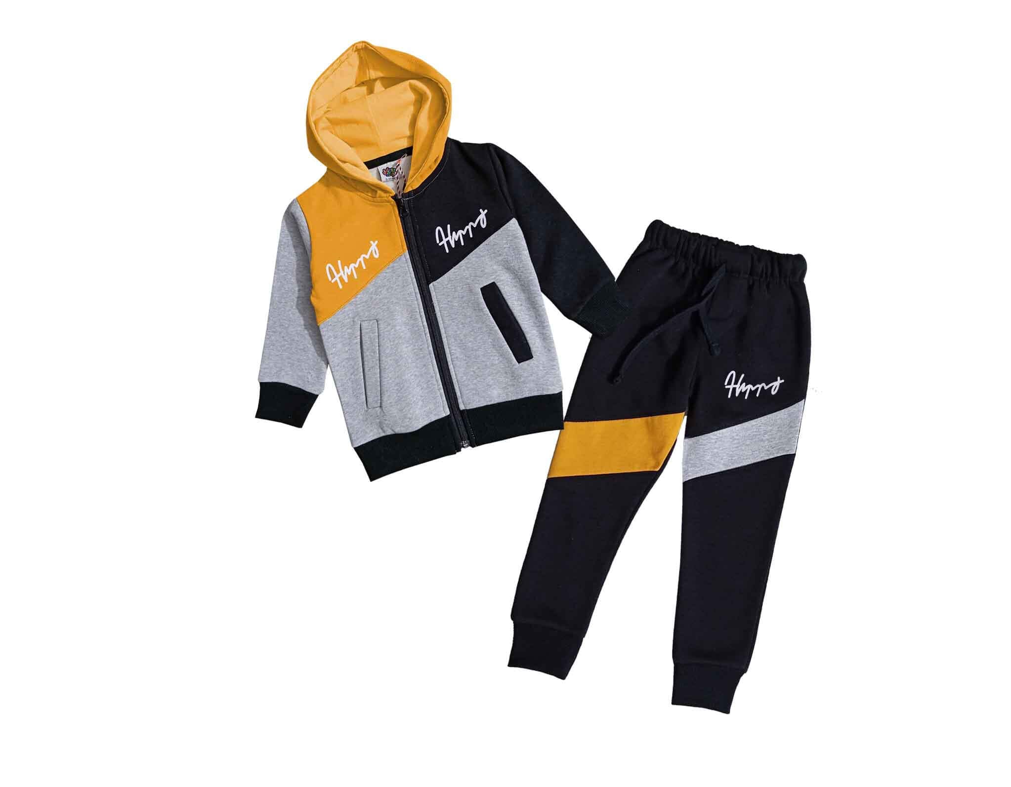 Happy Trendy Penals Hoodie Tracksuit - mustard Gray &amp; Black