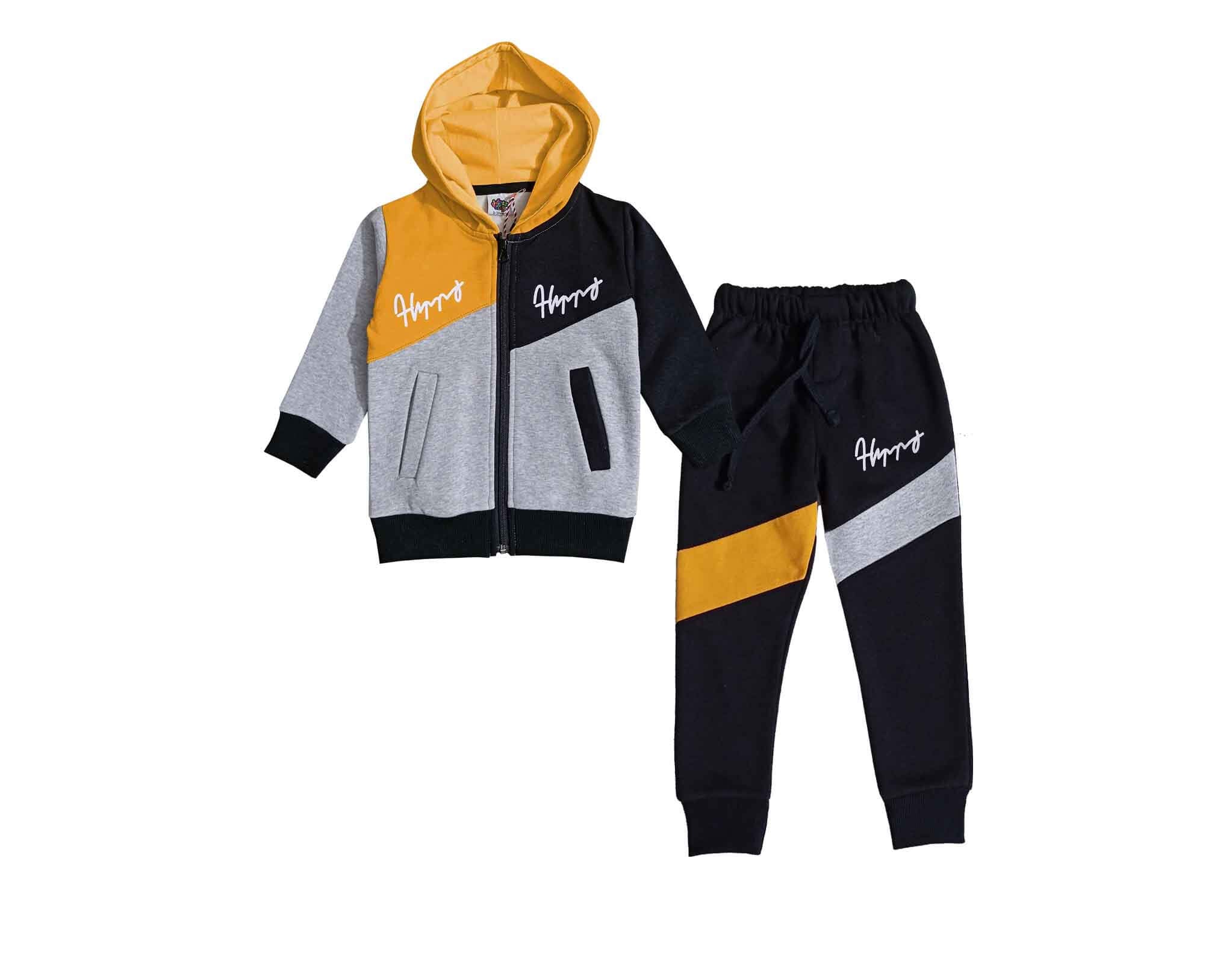 Happy Trendy Penals Hoodie Tracksuit - mustard Gray &amp; Black