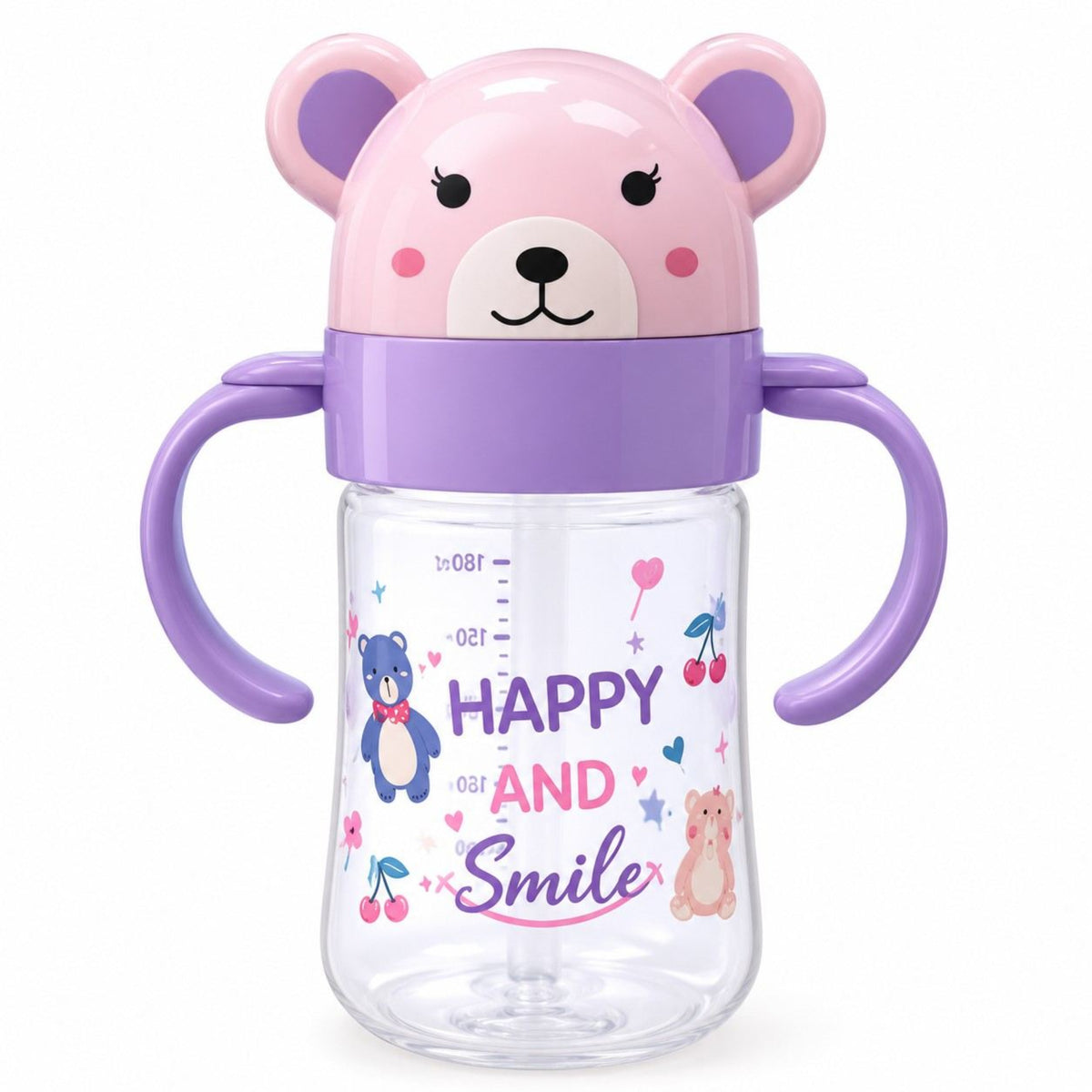 Happy And Smile Bear Straw Feeding Bottle - Pink & Purple