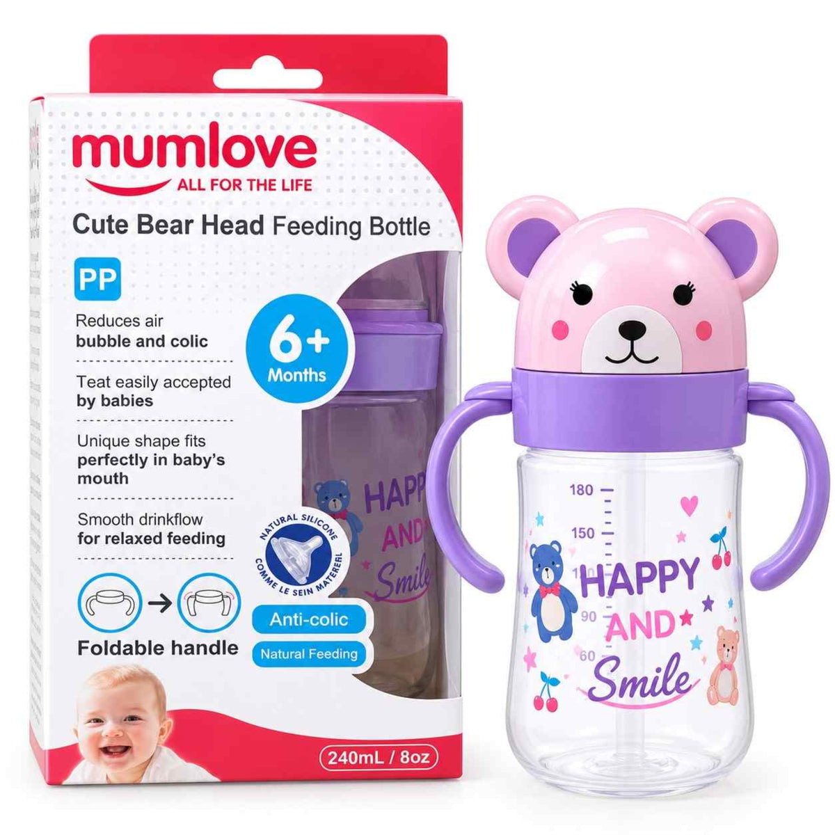 Happy And Smile Bear Straw Feeding Bottle - Pink & Purple