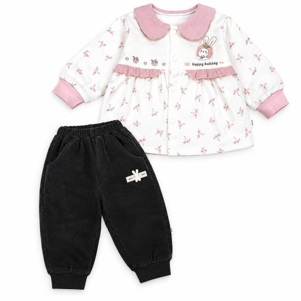 Happy Holiday Floral Corduroy Fleece 2-Piece - Baby Pink & Brown