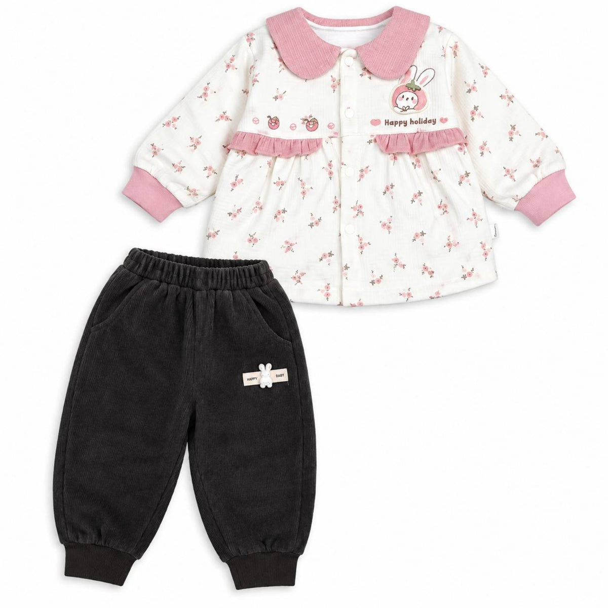 Happy Holiday Floral Corduroy Fleece 2-Piece - Baby Pink & Brown