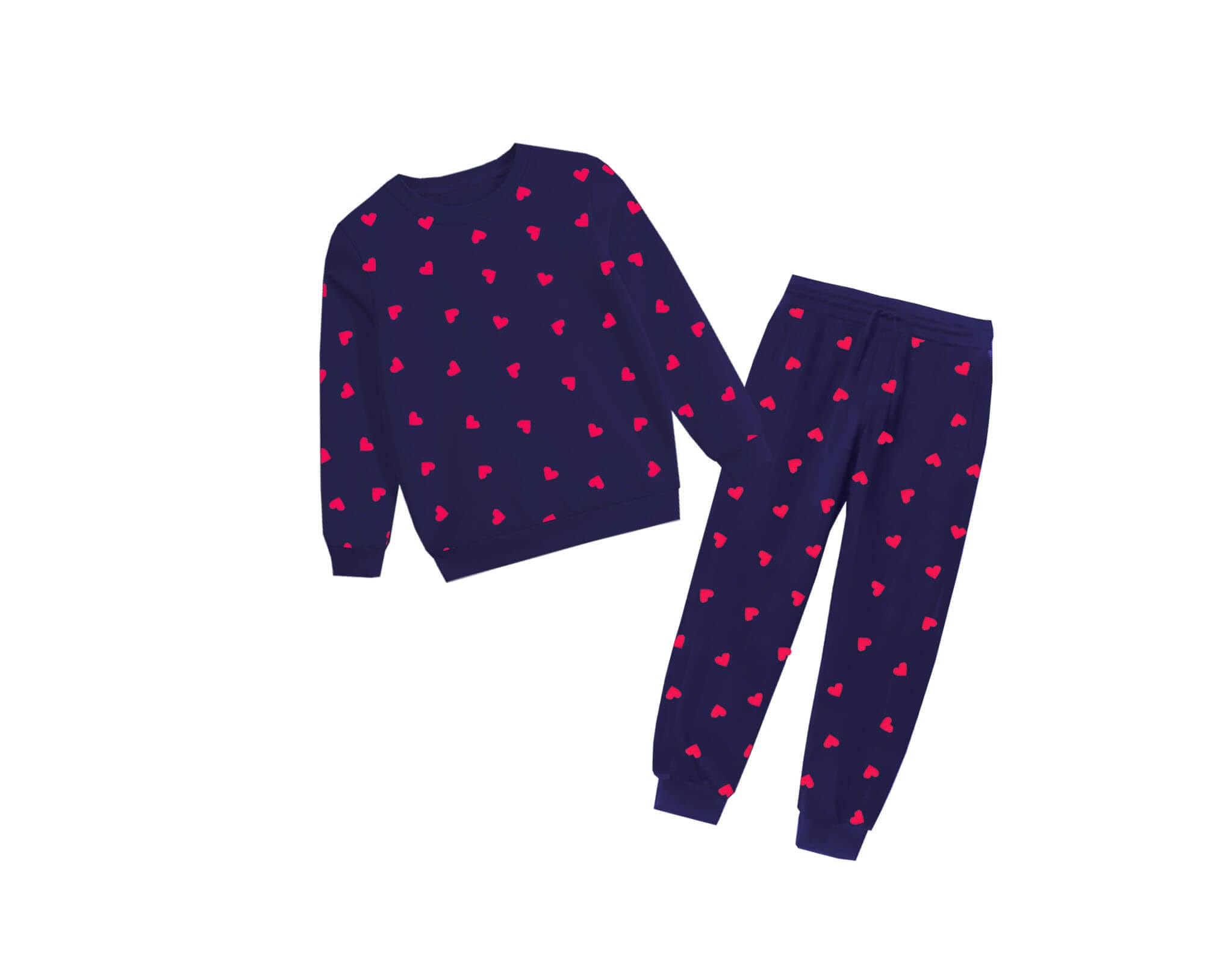 Hearts Printed Fleece Tracksuits - Navy Blue