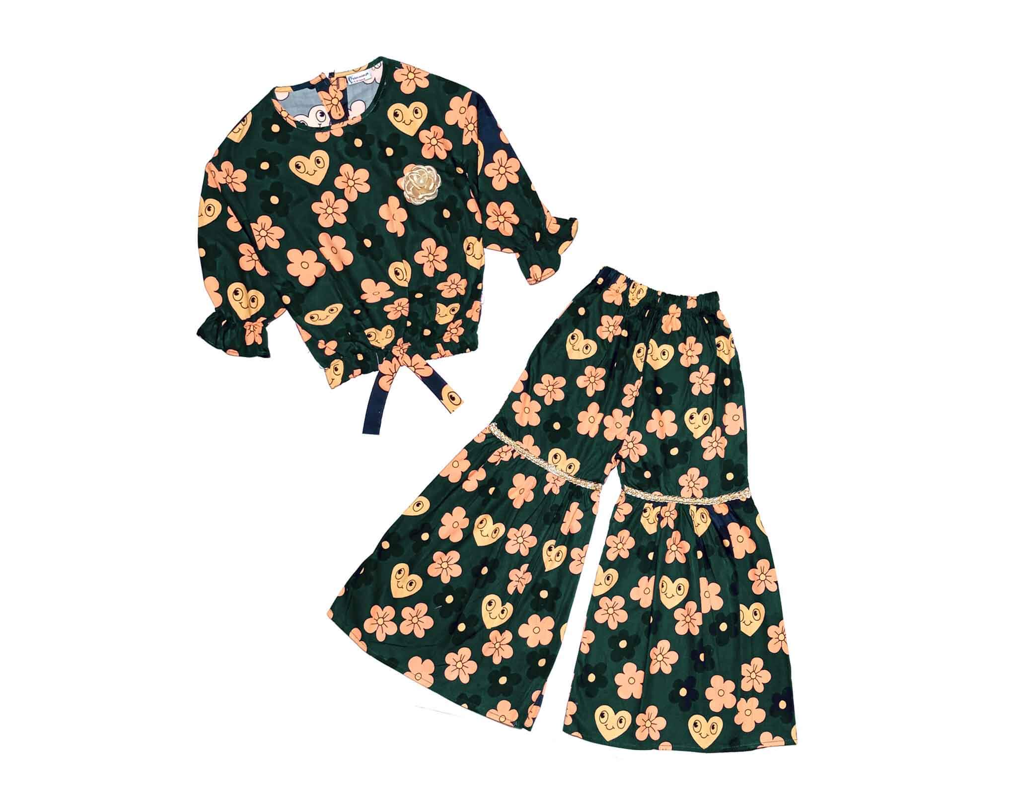 Hearts With Flowers Cotton Short Top with Gharrara - Hunter Green