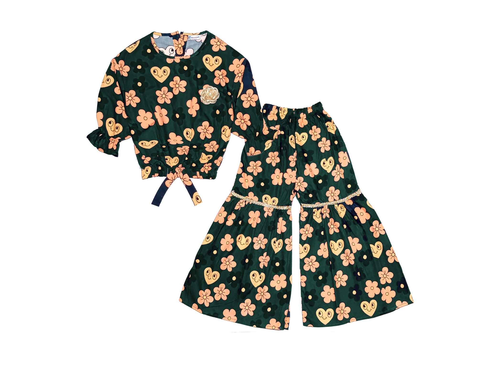 Hearts With Flowers Cotton Short Top with Gharrara - Hunter Green