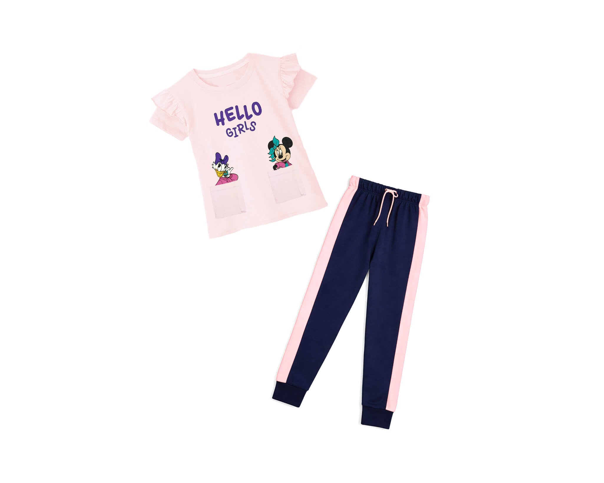 Hello Girls Front Pockets Frill Half Sleeve Tee &amp; Trouser - Peach Pink &amp; Navy Blue