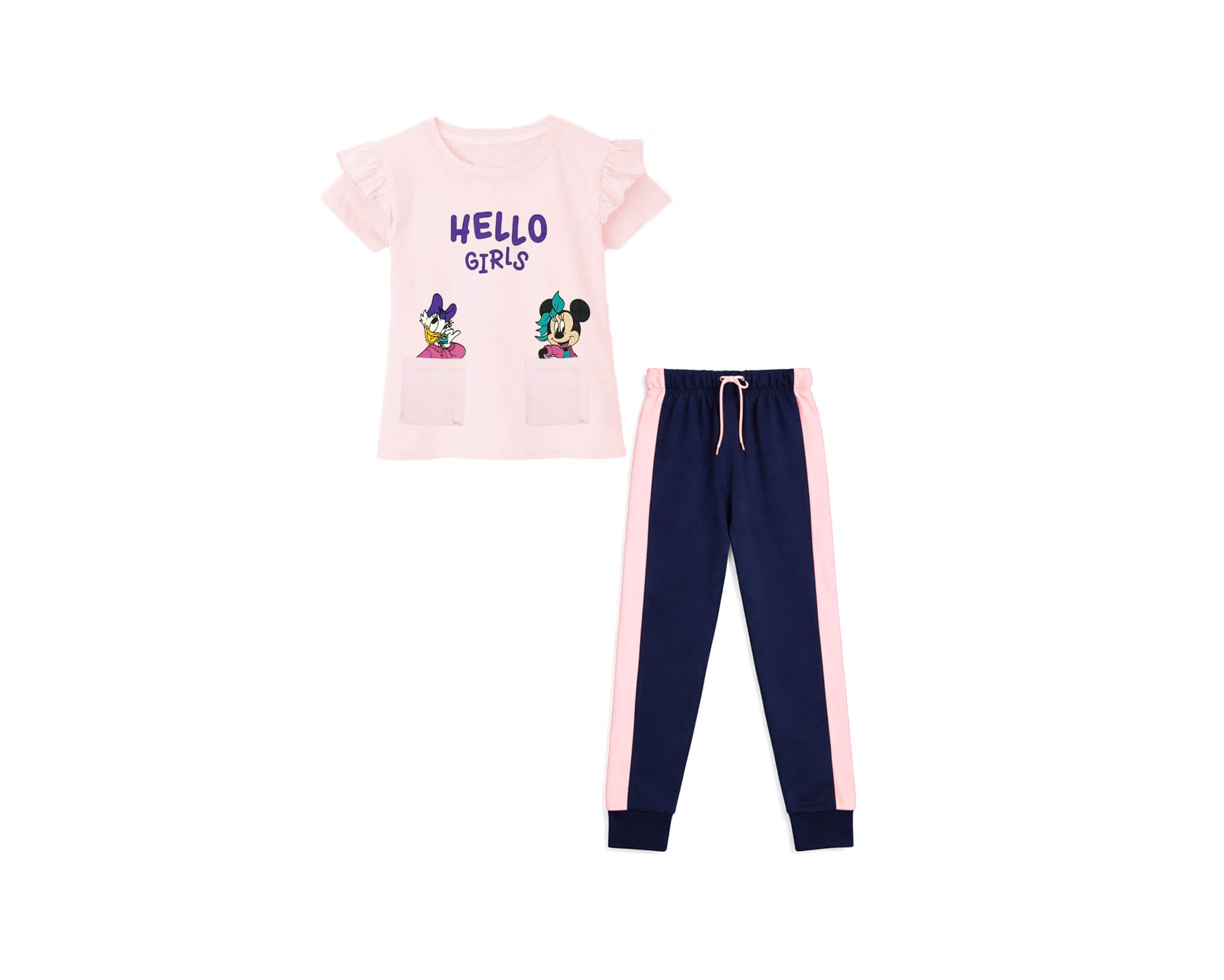 Hello Girls Front Pockets Frill Half Sleeve Tee &amp; Trouser - Peach Pink &amp; Navy Blue