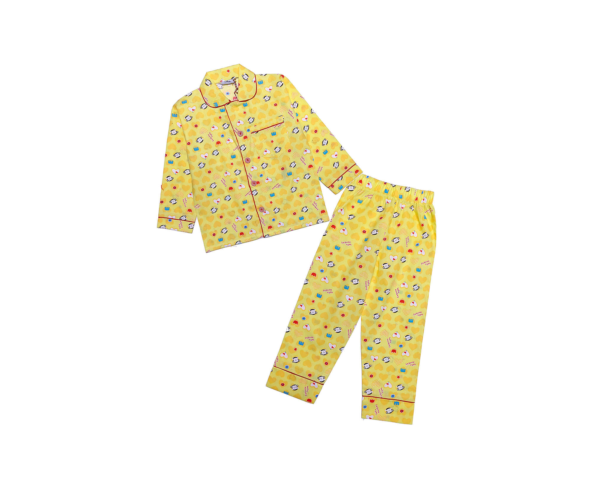 Hello Monkey Cotton Full Sleeves Nightsuit - Lime Yellow