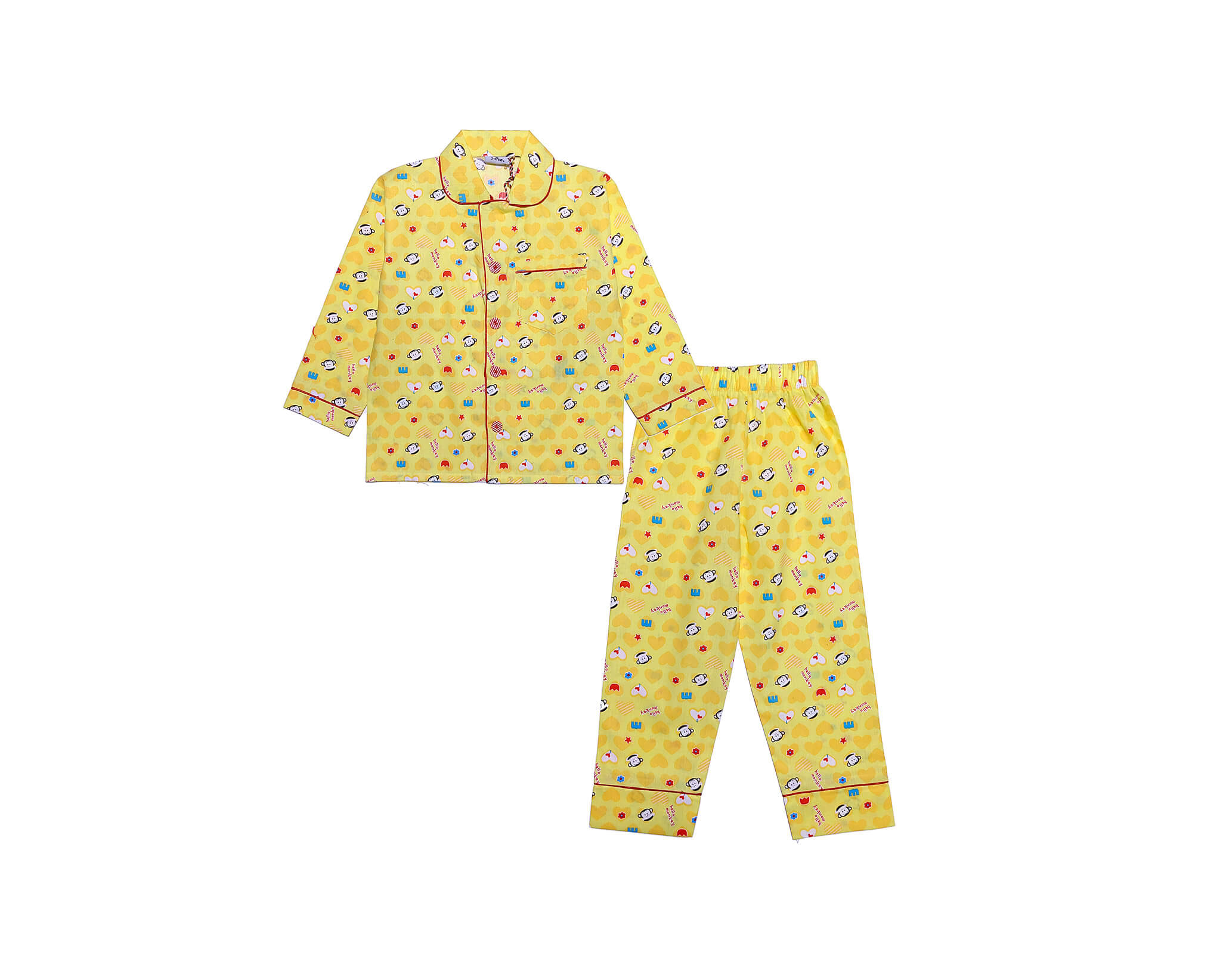 Hello Monkey Cotton Full Sleeves Nightsuit - Lime Yellow