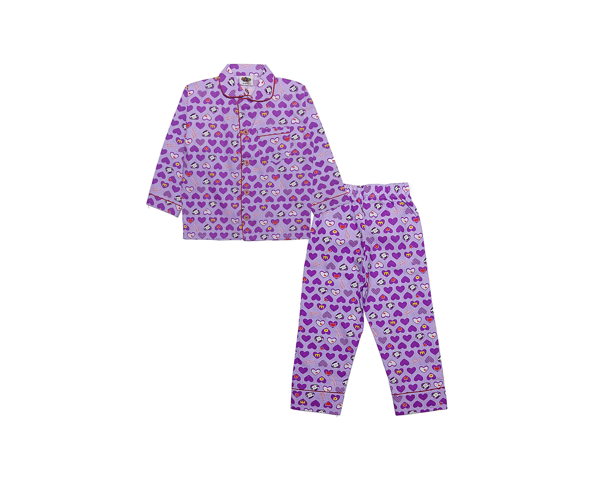 Hello Monkey Cotton Full Sleeves Nightsuit - Purple