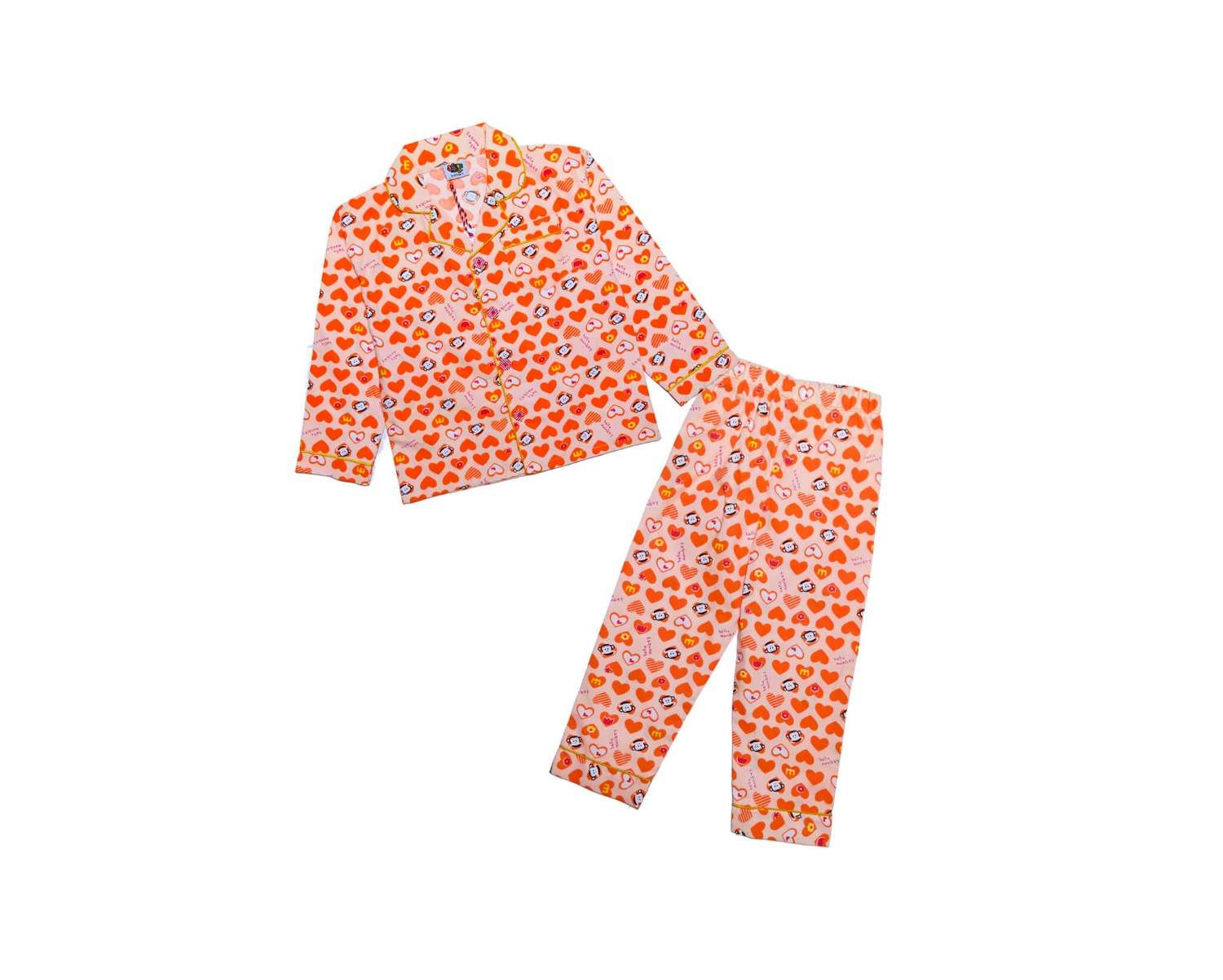 Hello Monkey Hearts Full Sleeves Cotton Night Suit -Light Peach