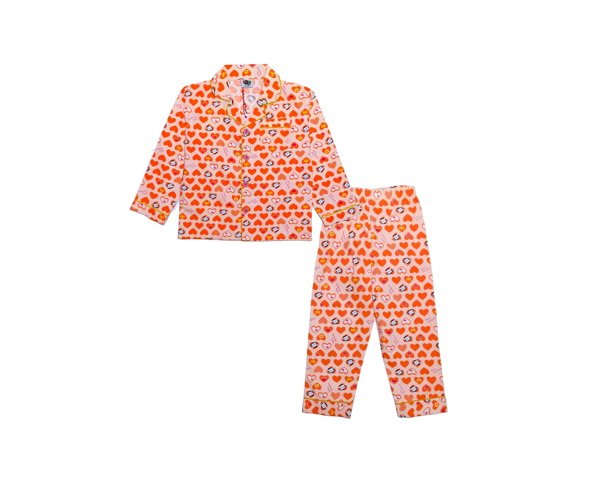 Hello Monkey Hearts Full Sleeves Cotton Night Suit -Light Peach
