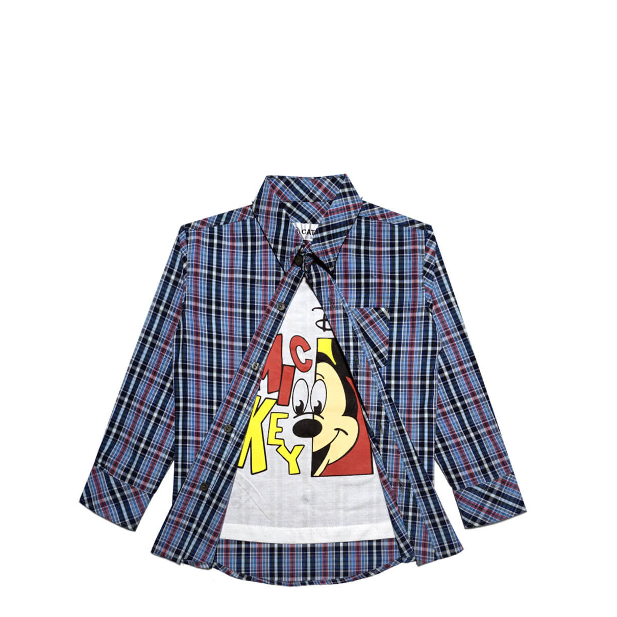 Hide Mickey Checked Twofer Double Cotton Casual Shirt - Blue