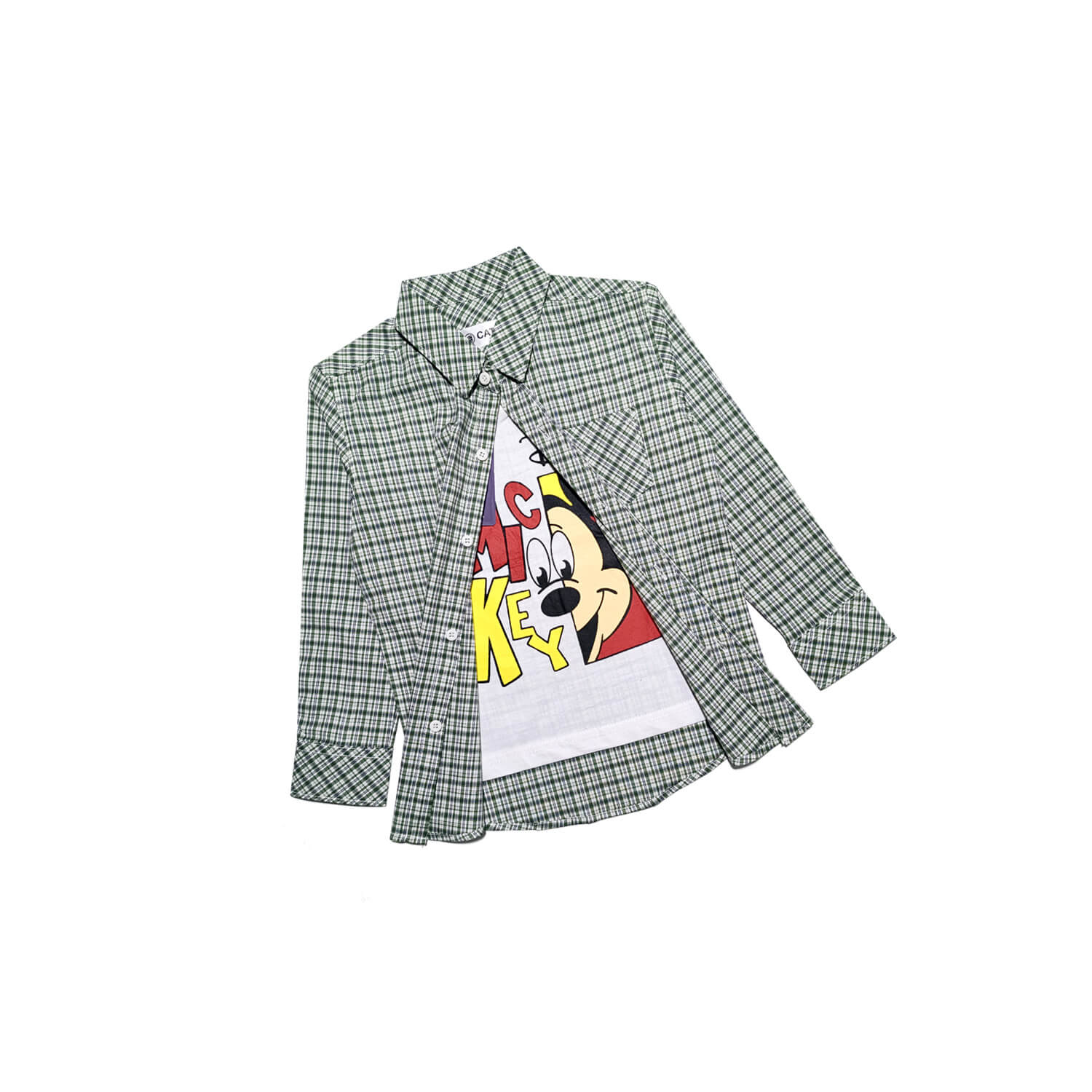 Hide Mickey Checked Twofer Cotton Casual Shirt - Green