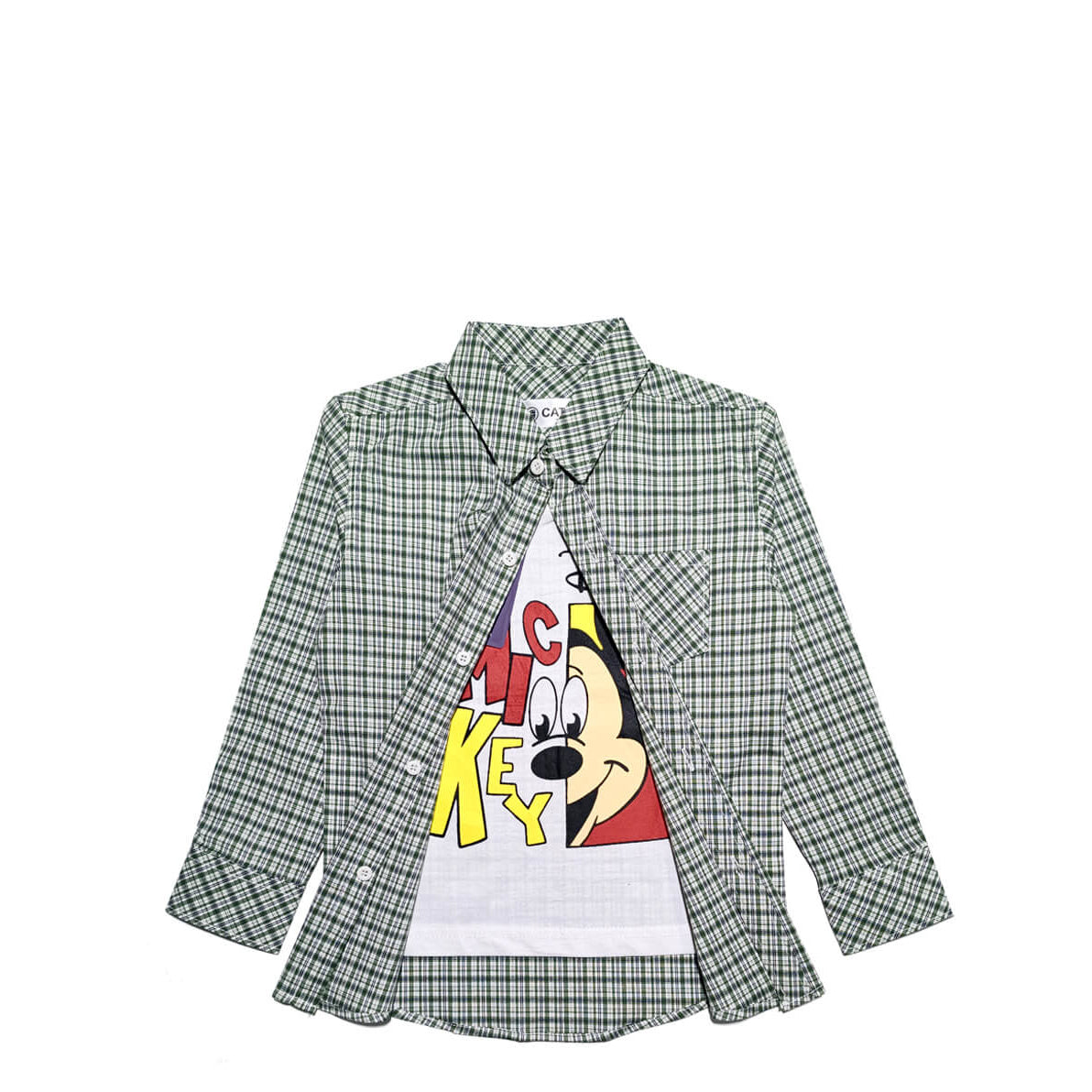 Hide Mickey Checked Twofer Cotton Casual Shirt - Green