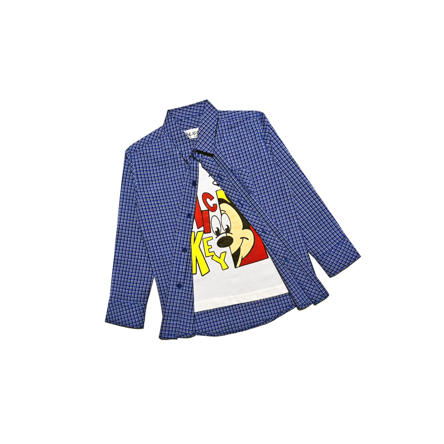 Hide Mickey Checked Twofer Double Cotton Casual Shirt - Royal Blue