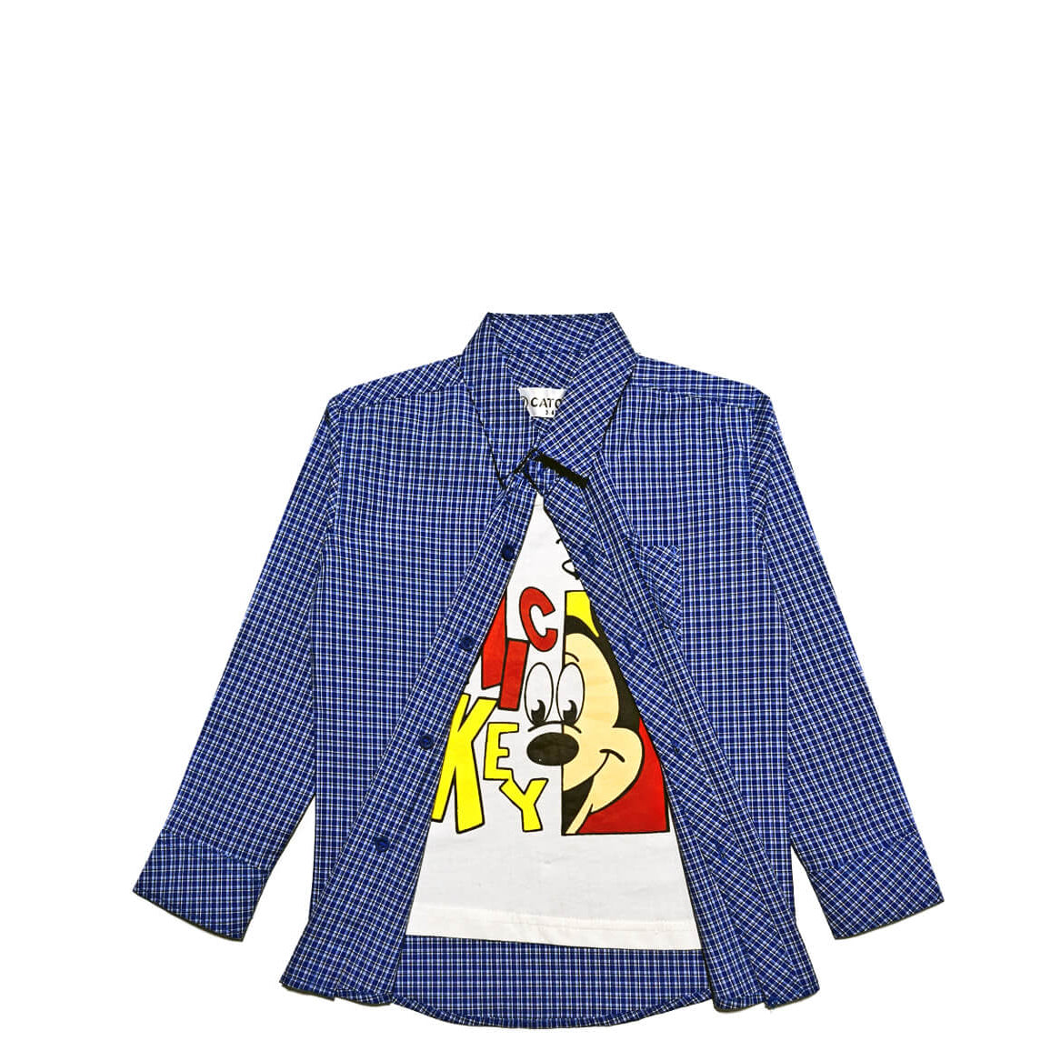 Hide Mickey Checked Twofer Double Cotton Casual Shirt - Royal Blue