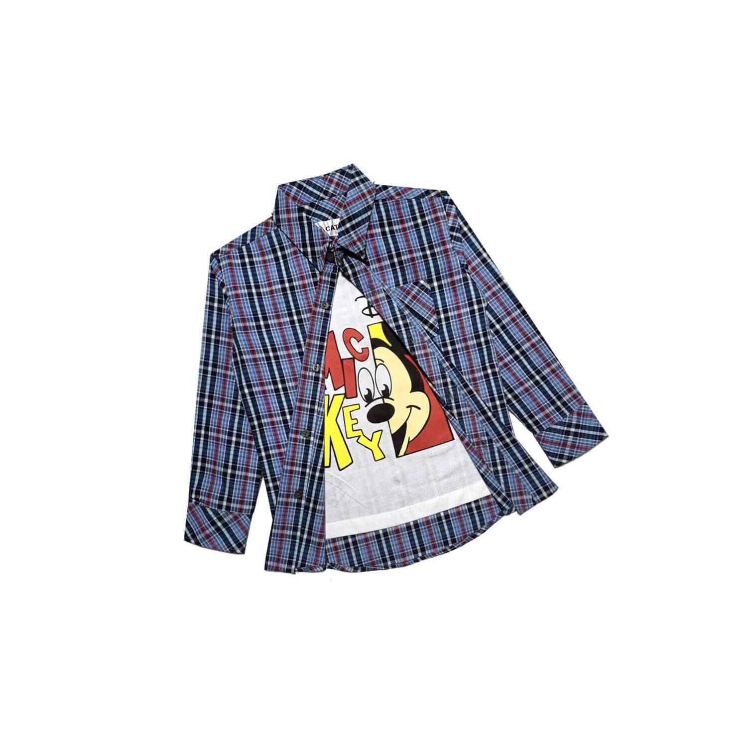 Hide-Mickey-Checked-Twofer-Cotton-Casual-Shirt-Royal-Blue