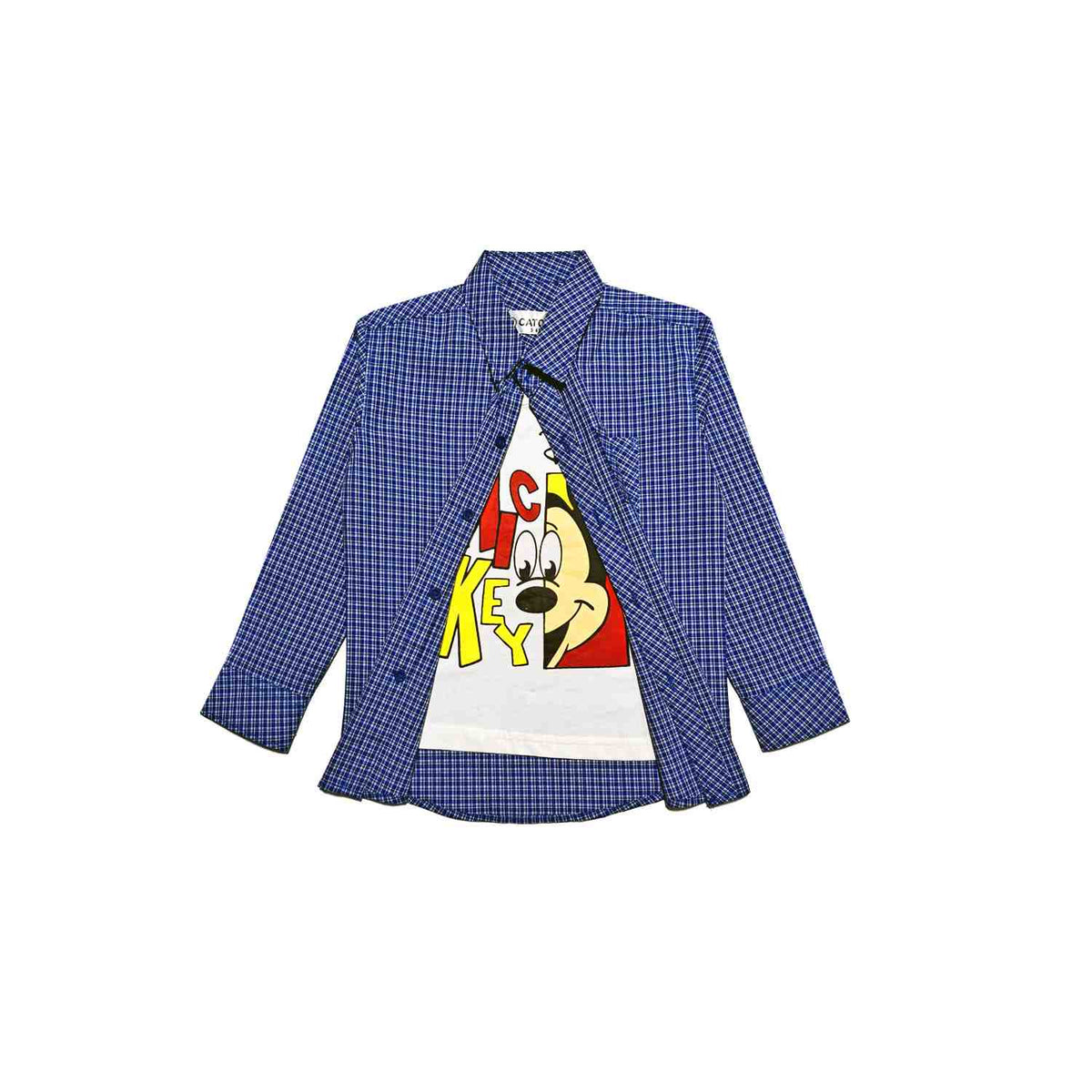 Hide Mickey Checked Twofer Double Cotton Casual Shirt - Royal Blue