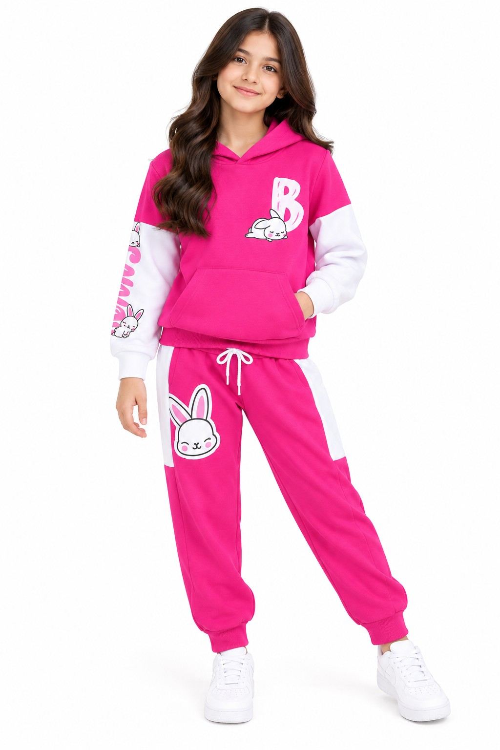 Happy Bunny Penal Fleece Hoodie Tracksuit - Shocking Pink & White
