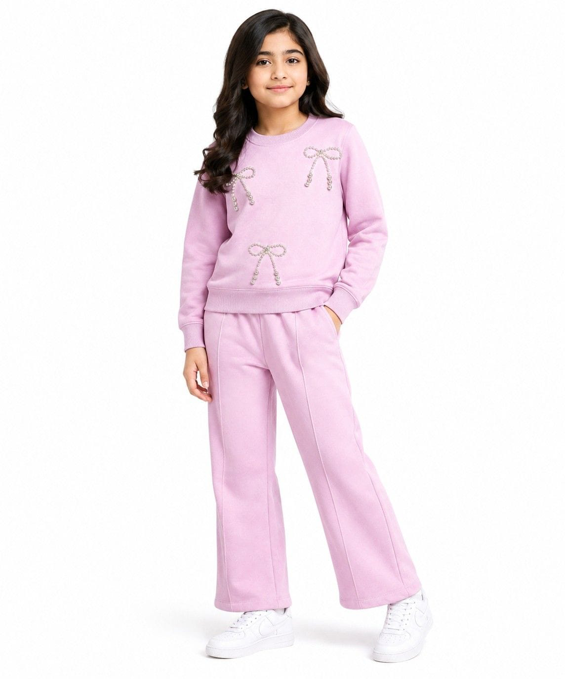 Three Pearls Stone  Bow Fleece Tracksuit - Baby Pink