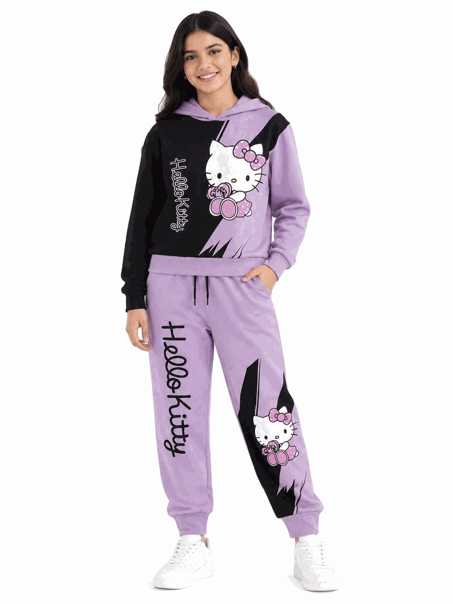 Black Penal Sleeve Hoodie Fleece Tracksuit - Soft Purple & Black